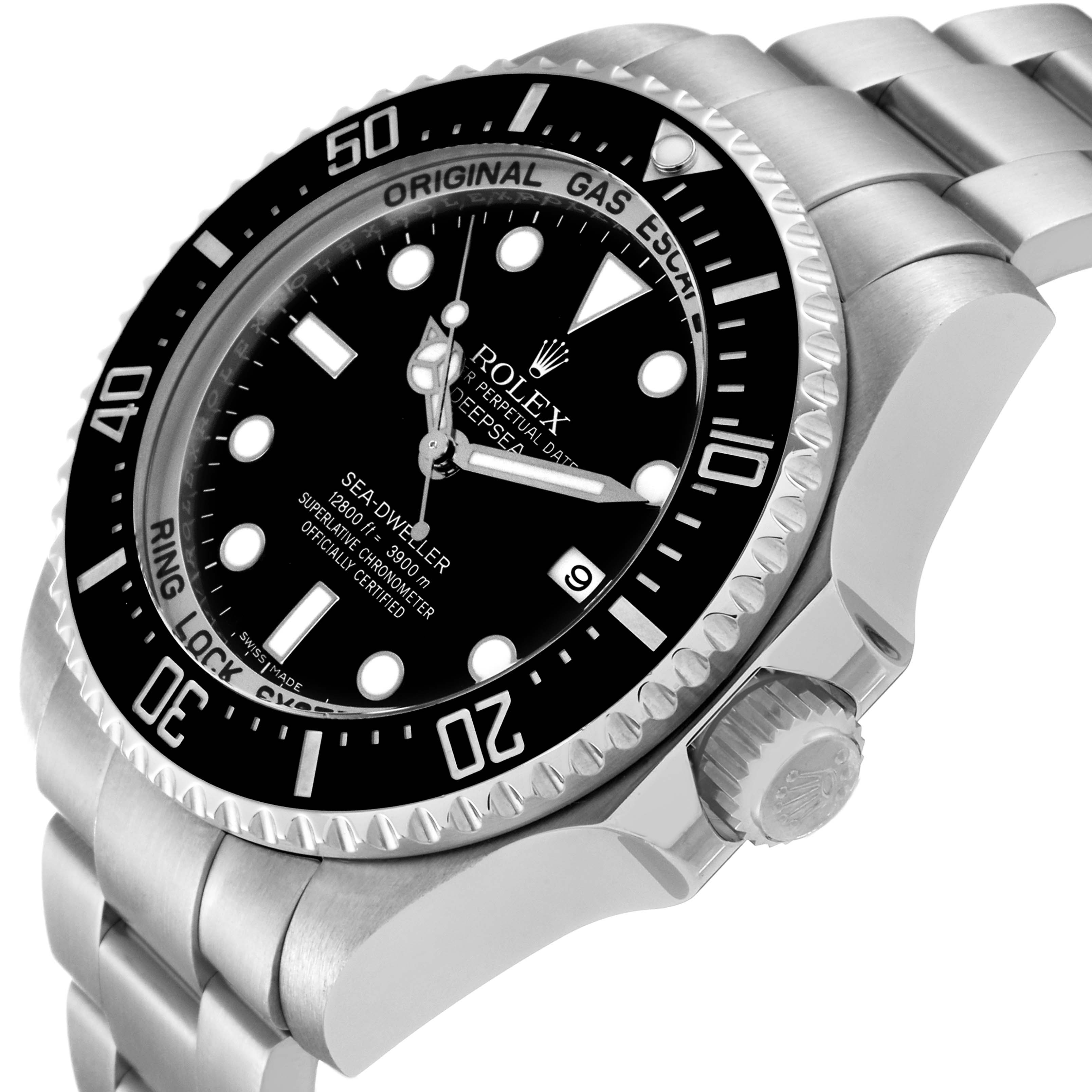 The image shows a Rolex Sea-Dweller 116660 Men
s Stainless Steel Black Dial 116660 Men
s Stainless Steel Black Dial watch at an angled view, highlighting the bezel, crown, and part of the bracelet.