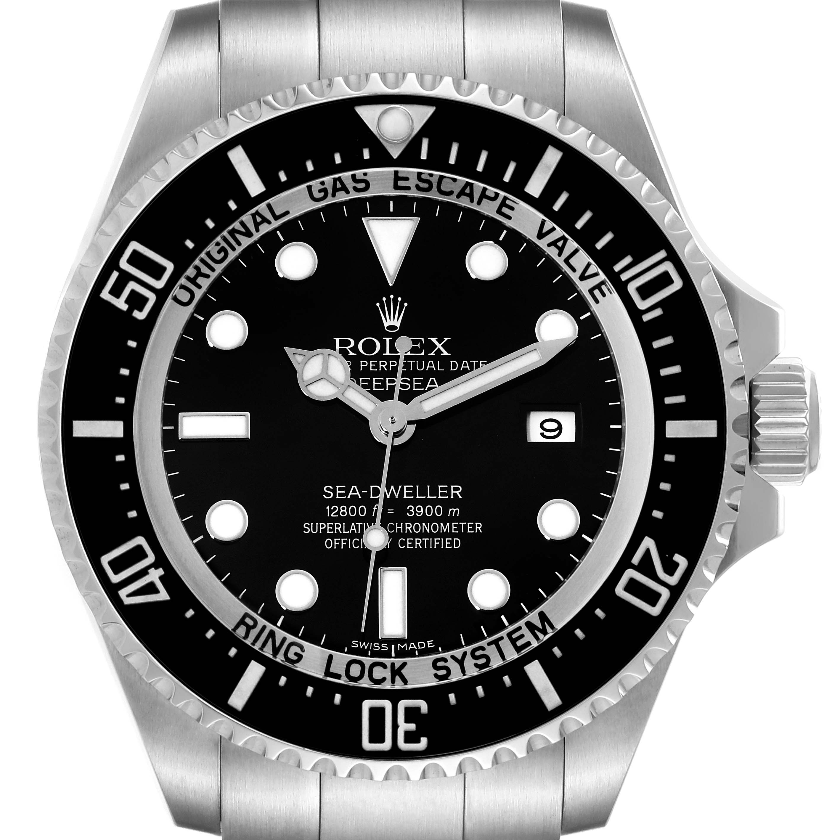 The image shows a front view of the Rolex Sea-Dweller 116660 Men
s Stainless Steel Black Dial 116660 Men
s Stainless Steel Black Dial watch, highlighting the dial, bezel, hands, and crown.