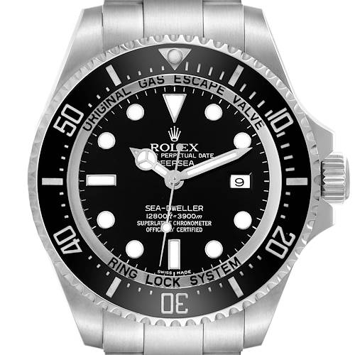 The image shows a front view of the Rolex Sea-Dweller watch, highlighting the dial, bezel, and crown.