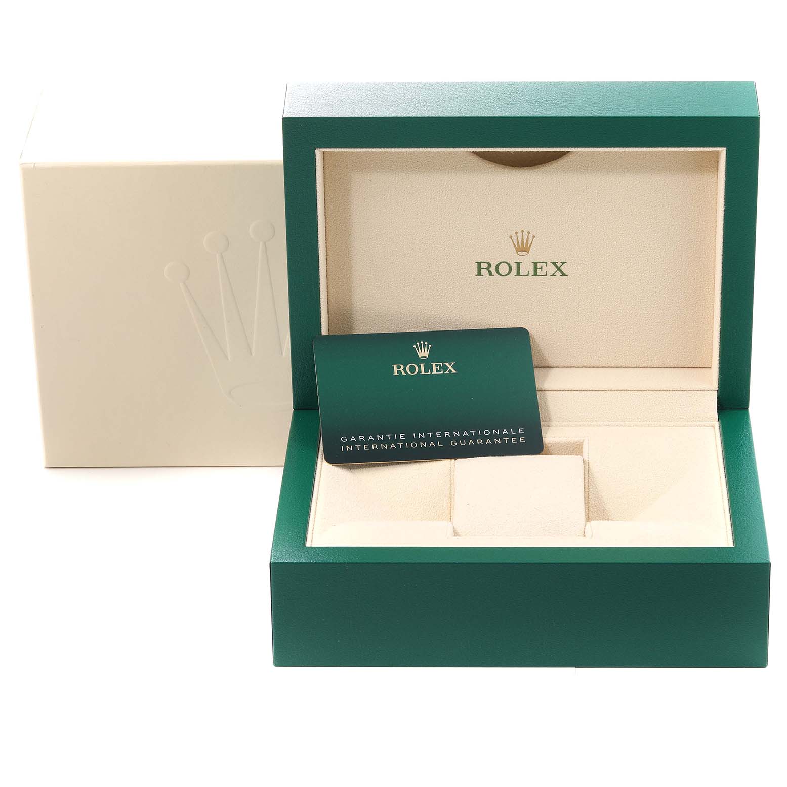 This image shows a green Rolex Submariner 126610 Men
s Stainless Steel Black Dial 126610 Men
s Stainless Steel Black Dial watch box and guarantee card positioned inside an opened case.