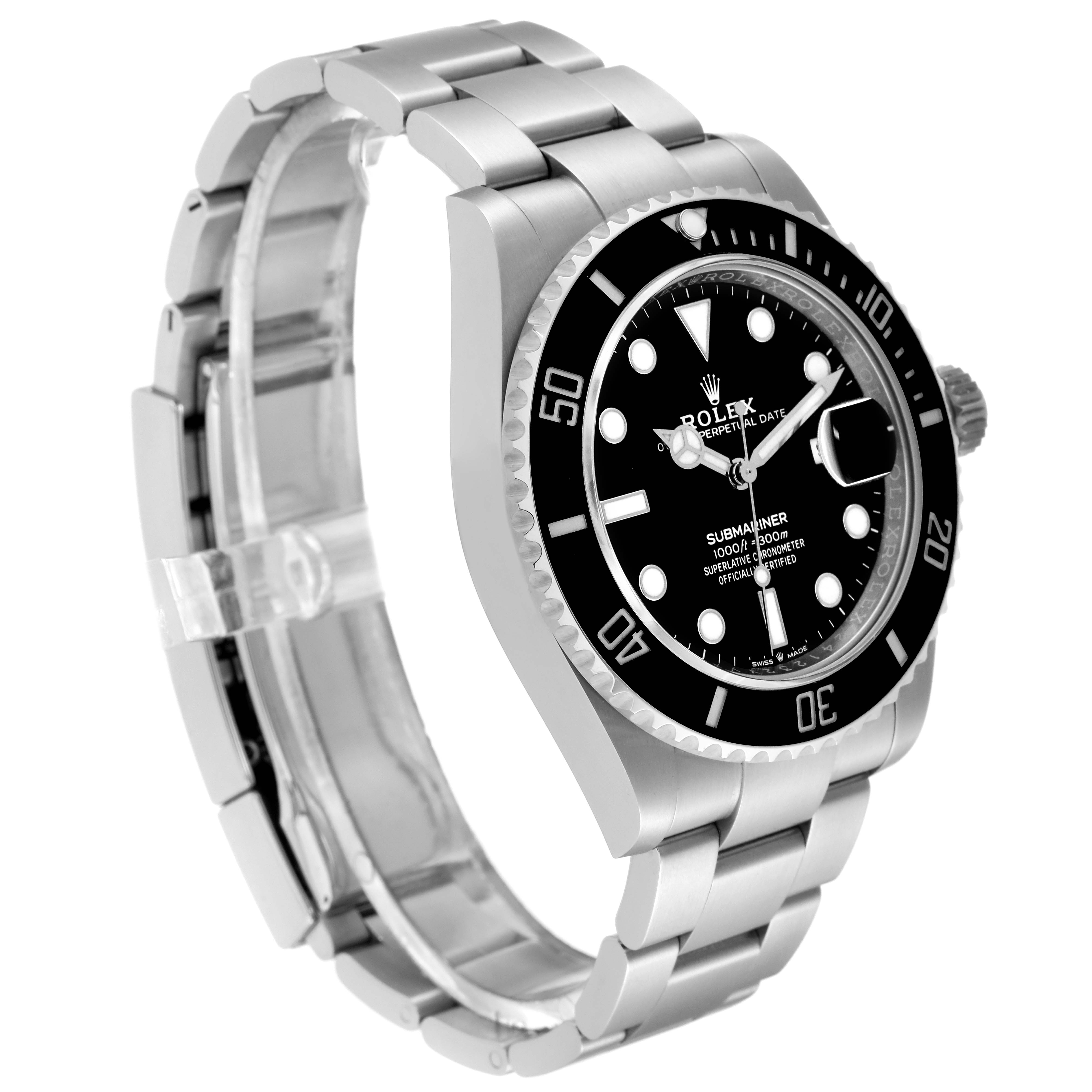 The image shows a Rolex Submariner 126610 Men
s Stainless Steel Black Dial 126610 Men
s Stainless Steel Black Dial watch from a side angle, highlighting its dial, bezel, bracelet, and crown.