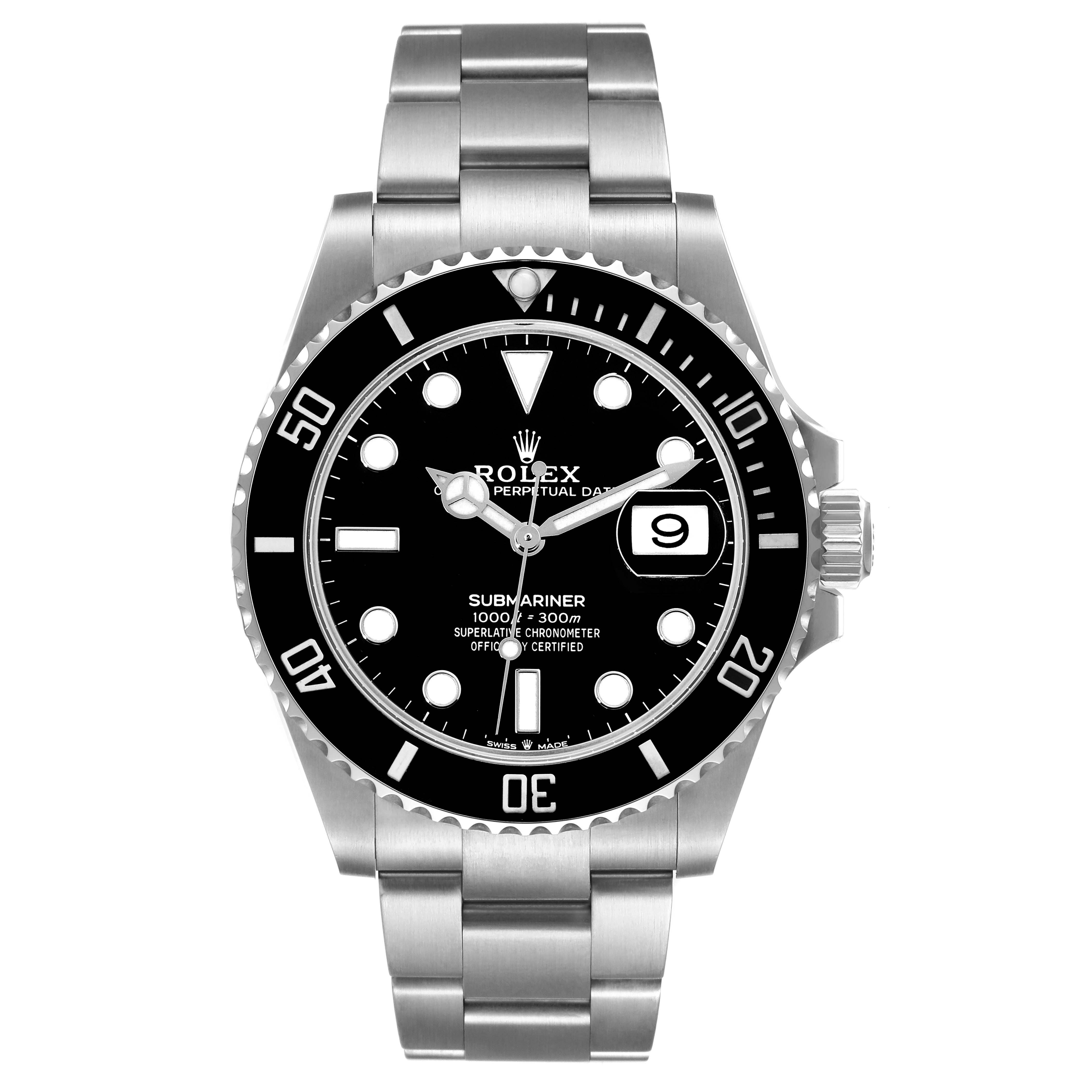 This image displays a front view of the Rolex Submariner 126610 Men
s Stainless Steel Black Dial 126610 Men
s Stainless Steel Black Dial watch, showcasing its dial, bezel, and bracelet.