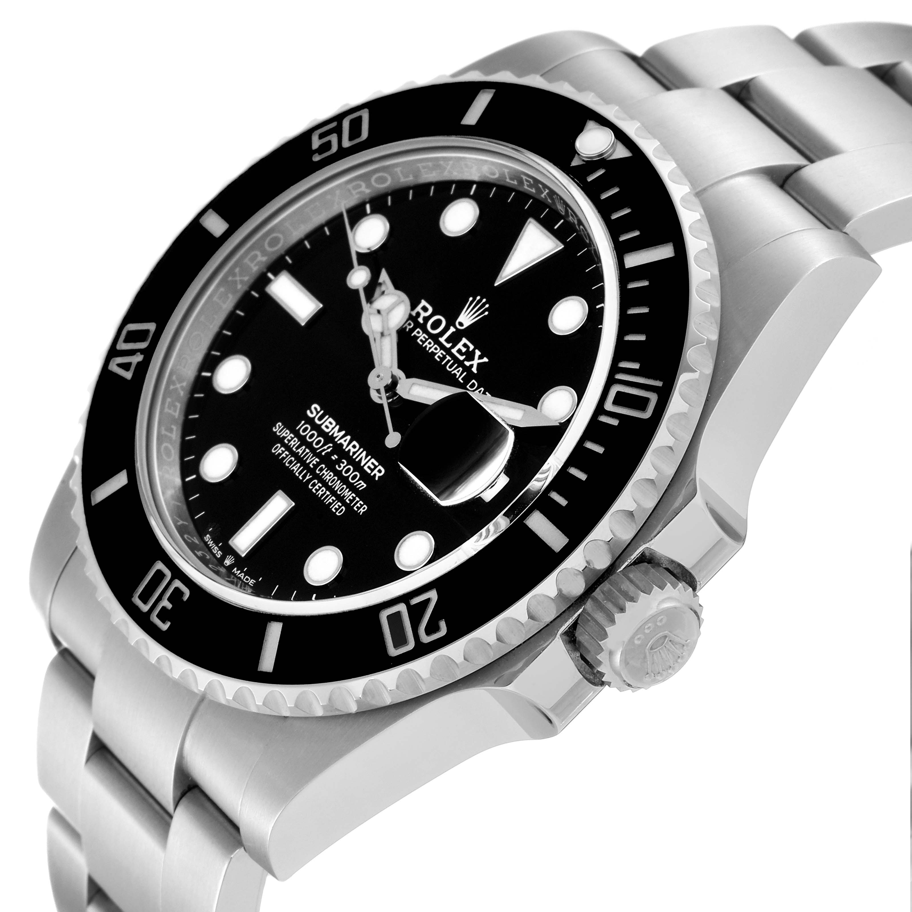 This image shows a Rolex Submariner 126610 Men
s Stainless Steel Black Dial 126610 Men
s Stainless Steel Black Dial watch at an angle highlighting the bezel, dial, case, and part of the bracelet.