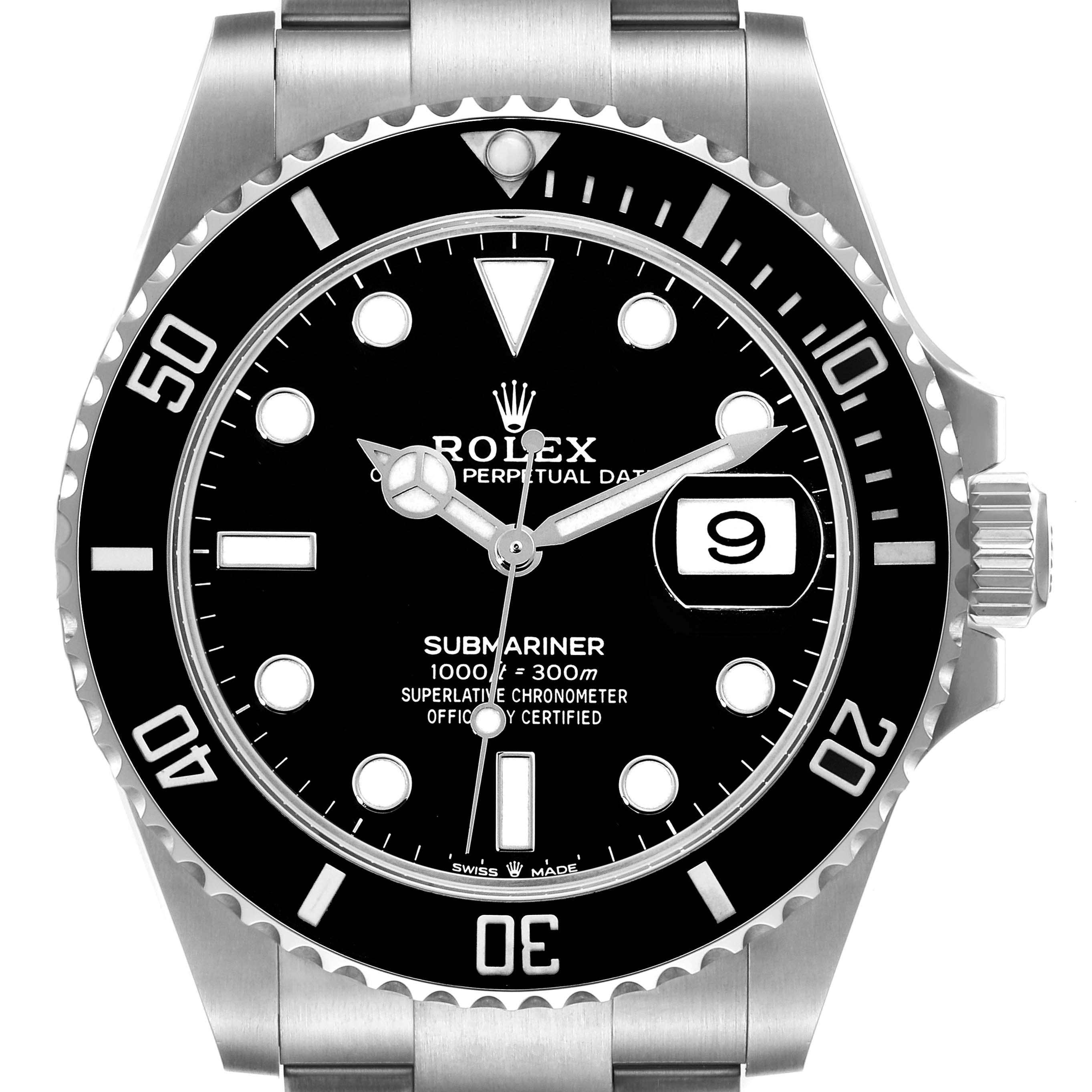 The image shows a front view of the Rolex Submariner 126610 Men
s Stainless Steel Black Dial 126610 Men
s Stainless Steel Black Dial watch, highlighting the bezel, dial, hands, and date window.