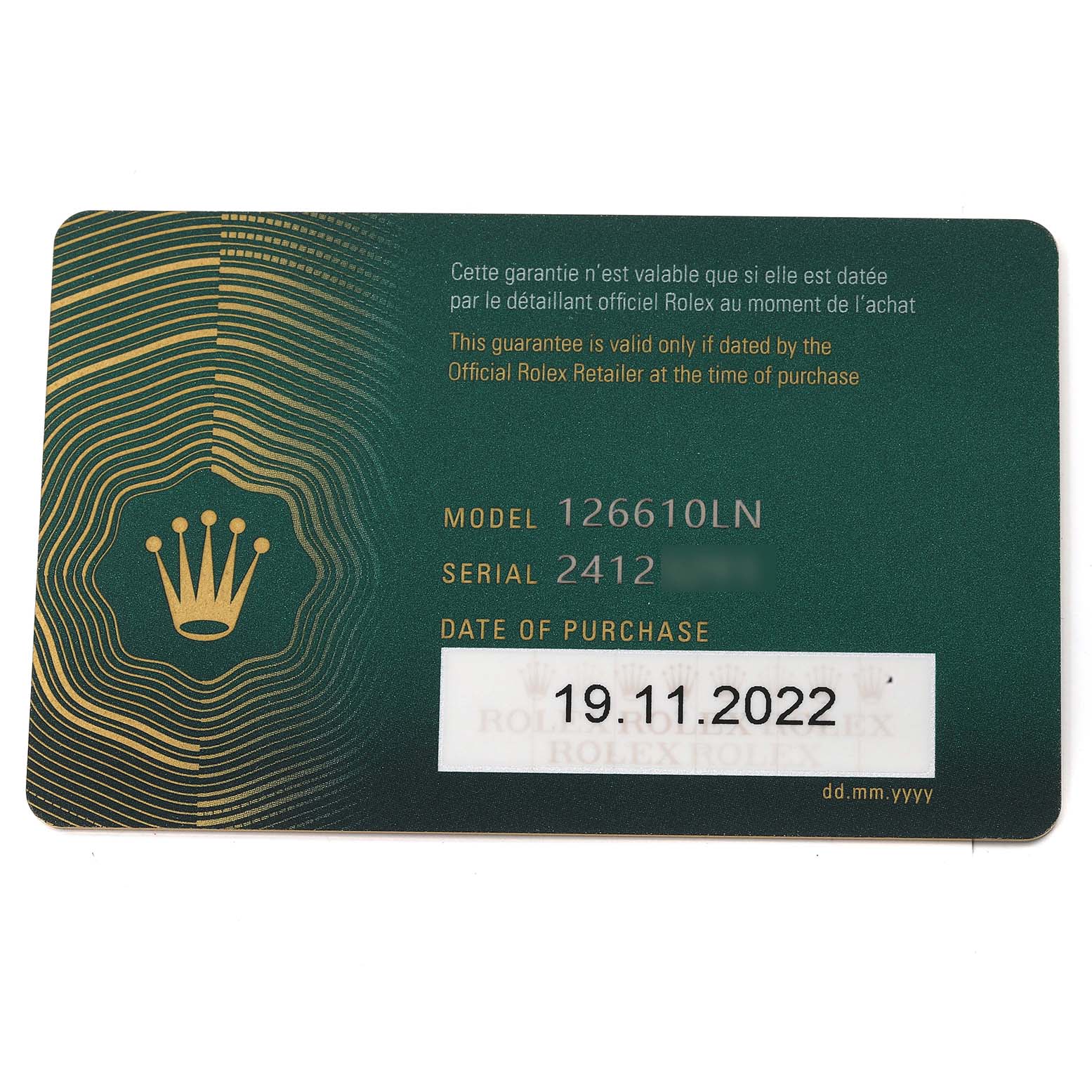 This is a guarantee card for the Rolex Submariner 126610 Men
s Stainless Steel Black Dial 126610 Men
s Stainless Steel Black Dial model 126610LN, showing model number, serial number, and date of purchase.