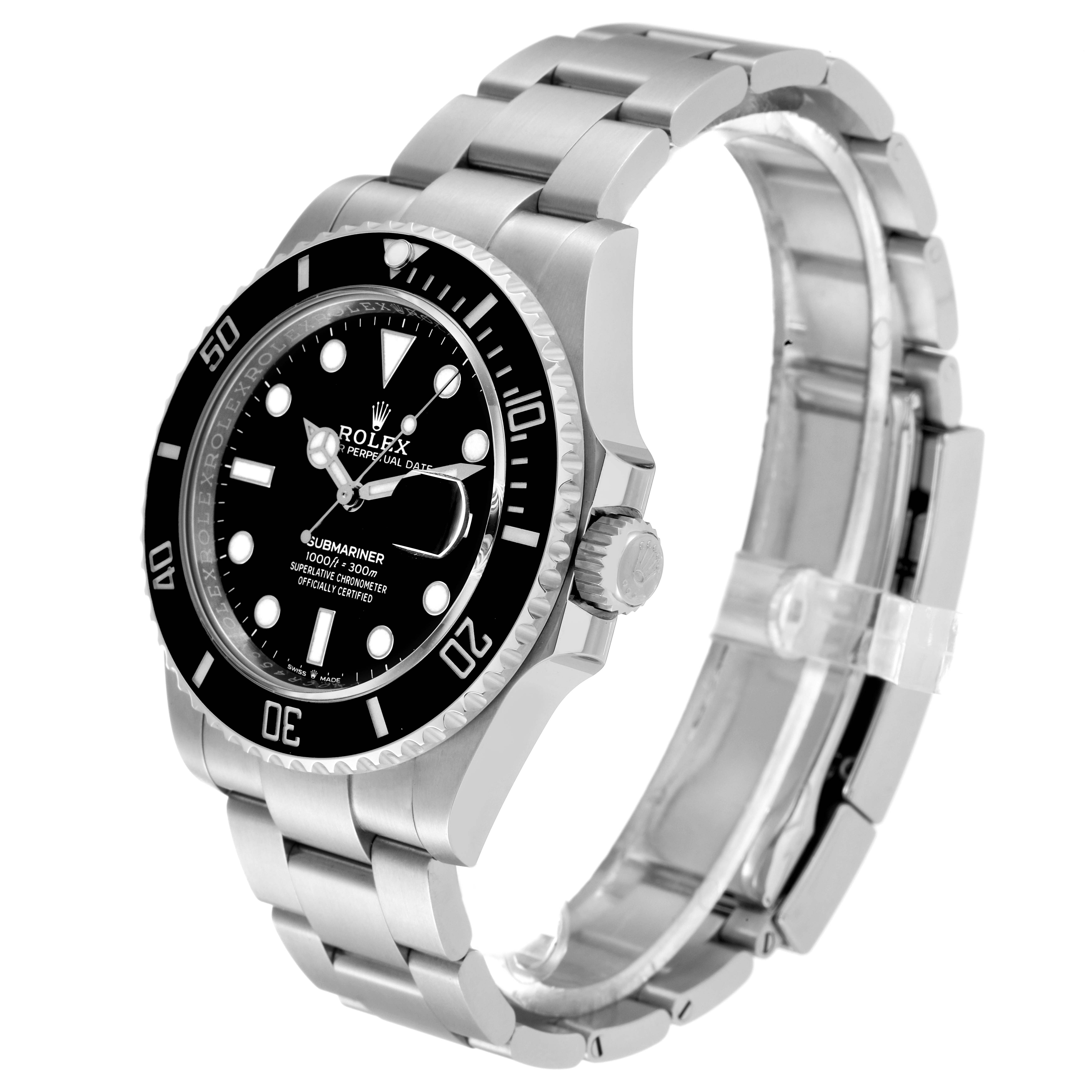 The image shows a side and front angled view of a Rolex Submariner 126610 Men
s Stainless Steel Black Dial 126610 Men
s Stainless Steel Black Dial watch, highlighting its dial, bezel, and bracelet.