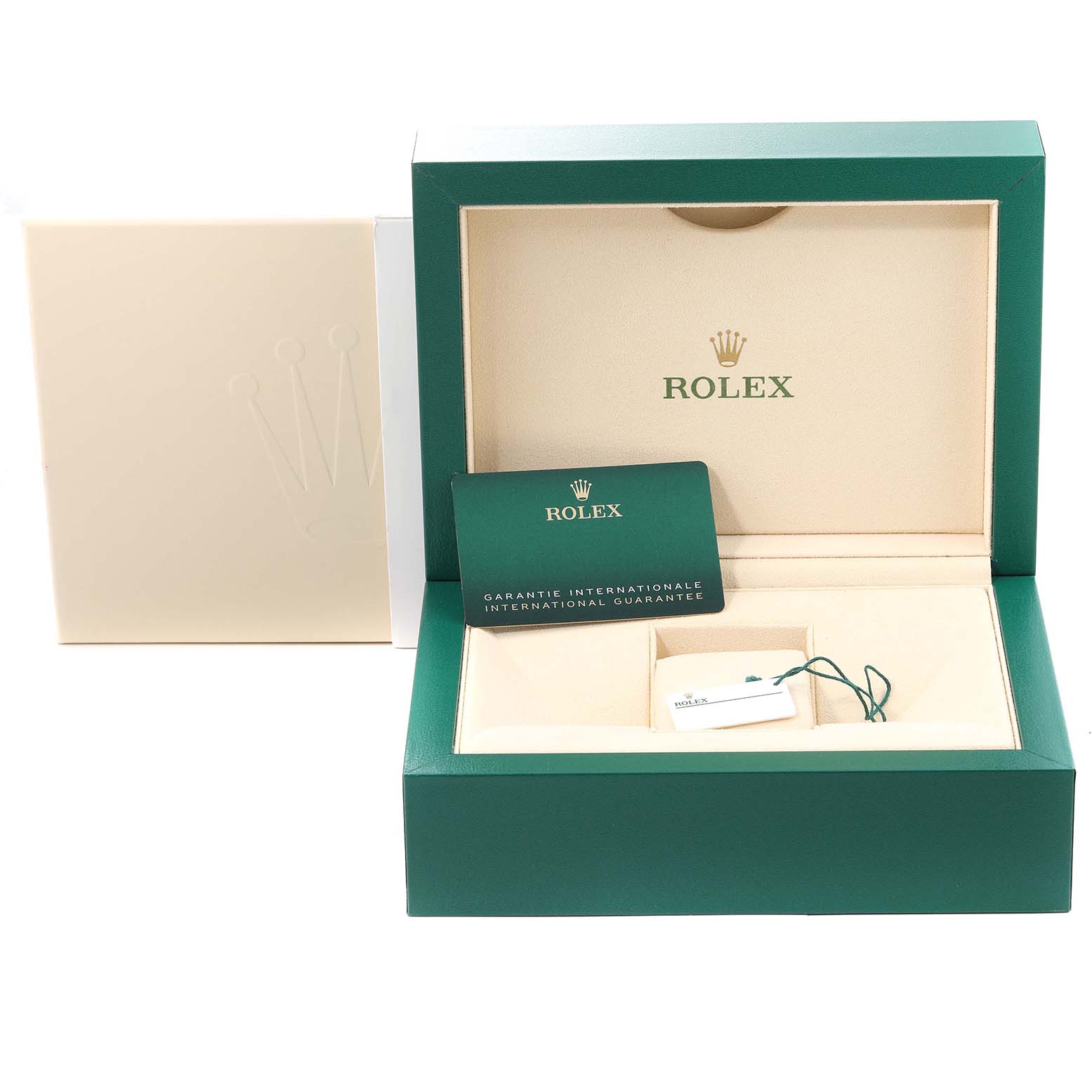 The image shows the open packaging box, international guarantee card, and tag for a Rolex Submariner 126610 Men
s Stainless Steel Black Dial 126610 Men
s Stainless Steel Black Dial watch.