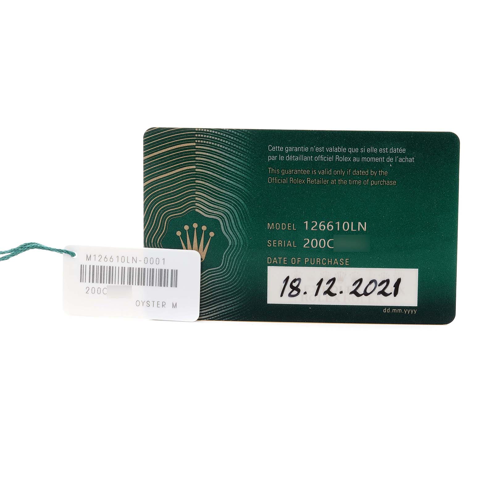 The image shows the warranty card for a Rolex Submariner 126610 Men
s Stainless Steel Black Dial 126610 Men
s Stainless Steel Black Dial model 126610LN watch with a purchase date of 18.12.2021.