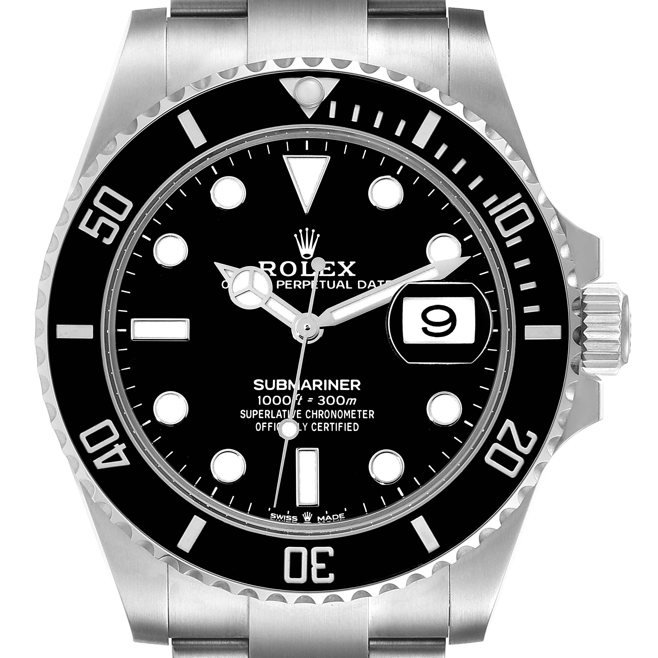 This image shows a front view of the Rolex Submariner 126610 Men
s Stainless Steel Black Dial 126610 Men
s Stainless Steel Black Dial watch, displaying its face, bezel, and bracelet.