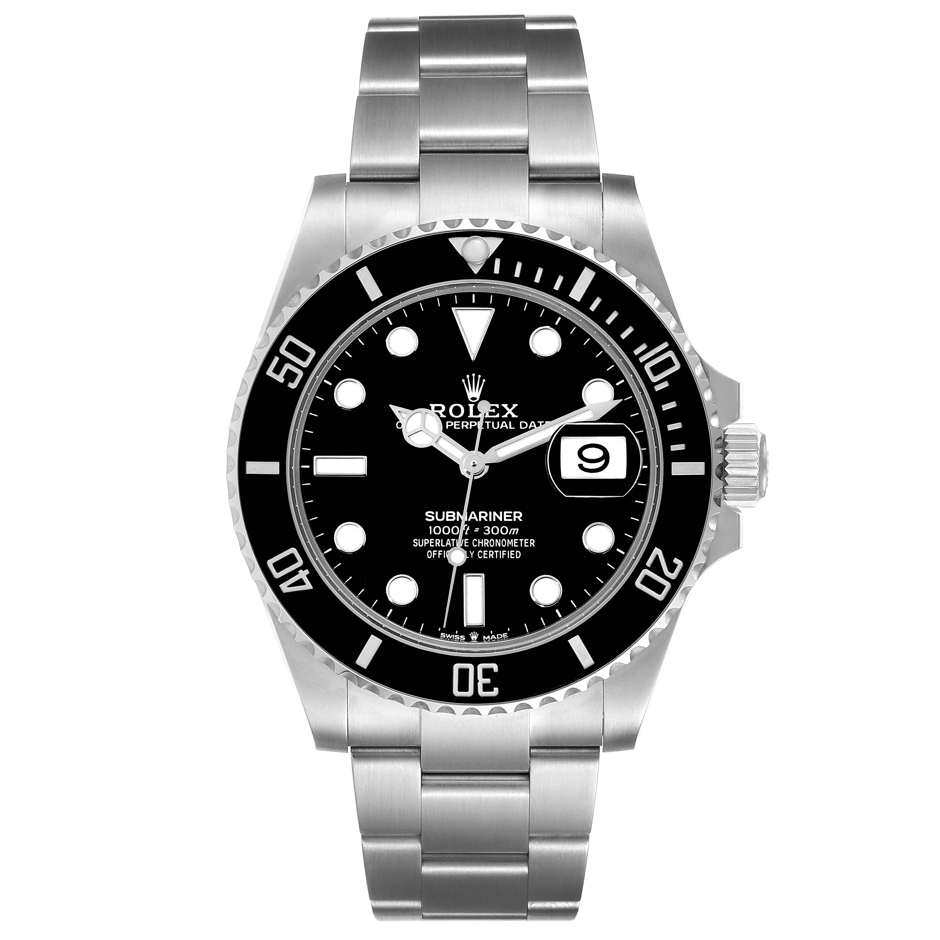 This image shows a frontal view of the Rolex Submariner 126610 Men
s Stainless Steel Black Dial 126610 Men
s Stainless Steel Black Dial, highlighting its dial, bezel, bracelet, and date window.