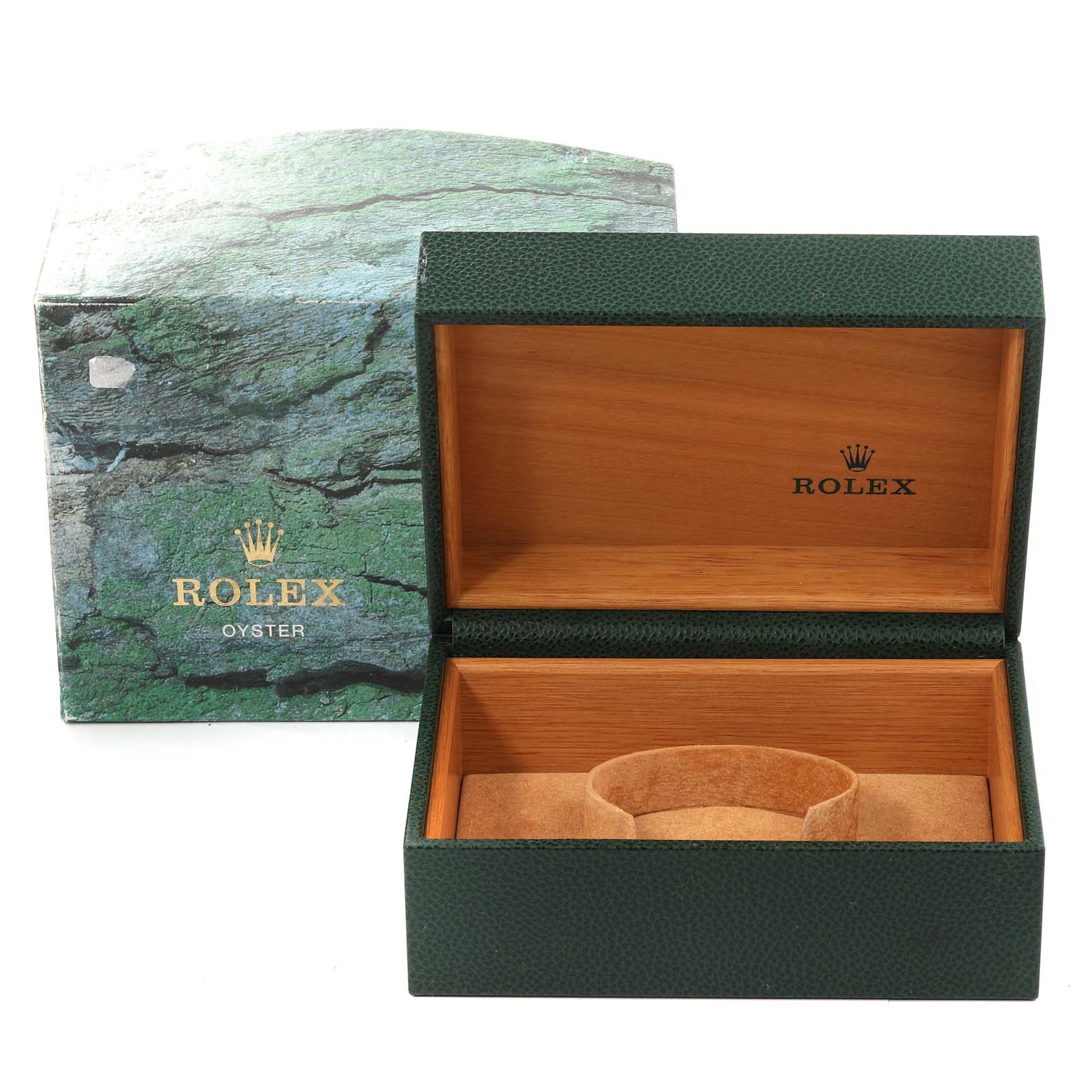 The image shows an open Rolex Submariner 16610 Men
s Stainless Steel Black Dial 16610 Men
s Stainless Steel Black Dial watch box with its exterior packaging.