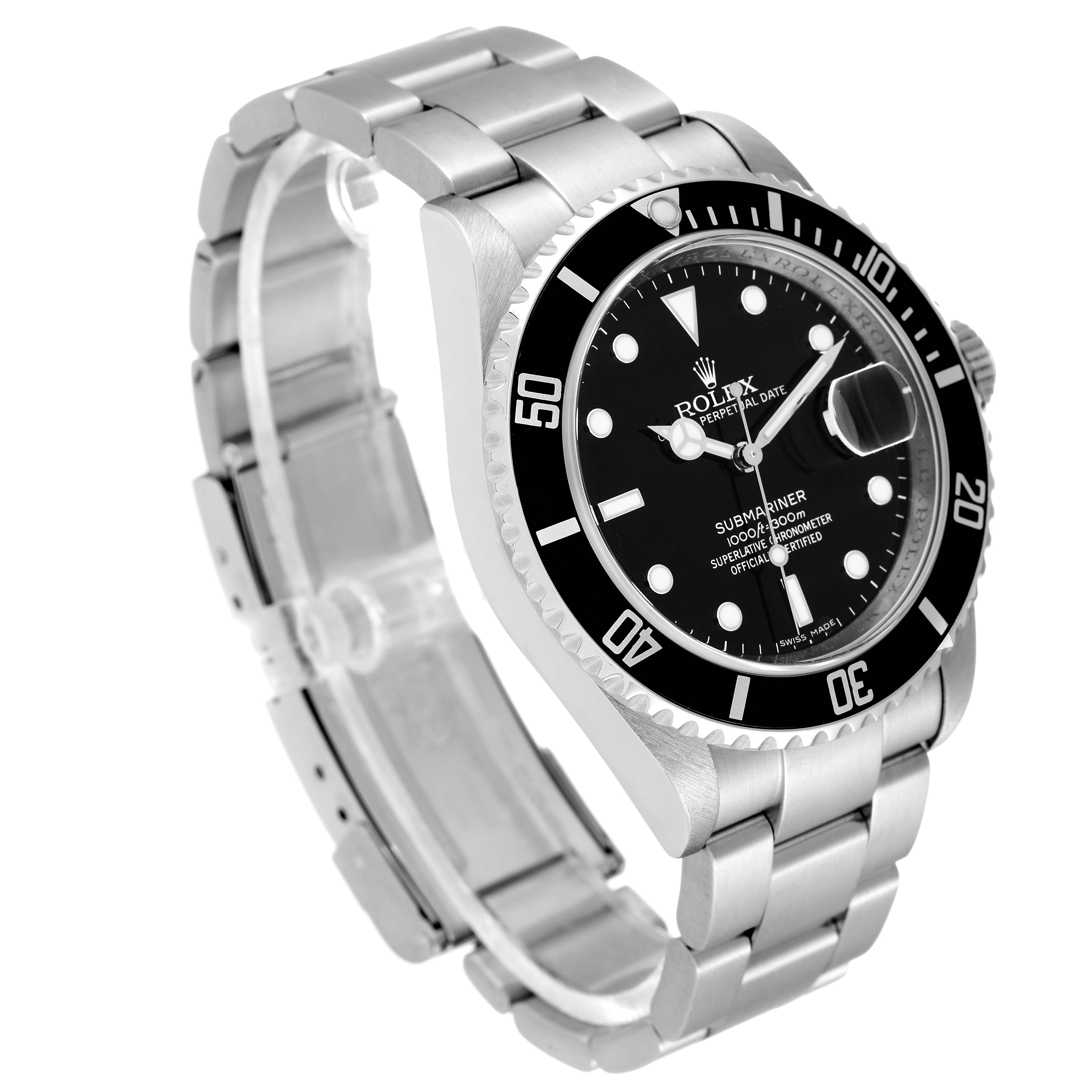 The image shows a Rolex Submariner 16610 Men
s Stainless Steel Black Dial 16610 Men
s Stainless Steel Black Dial watch at an angled view displaying the face, bracelet, and bezel.