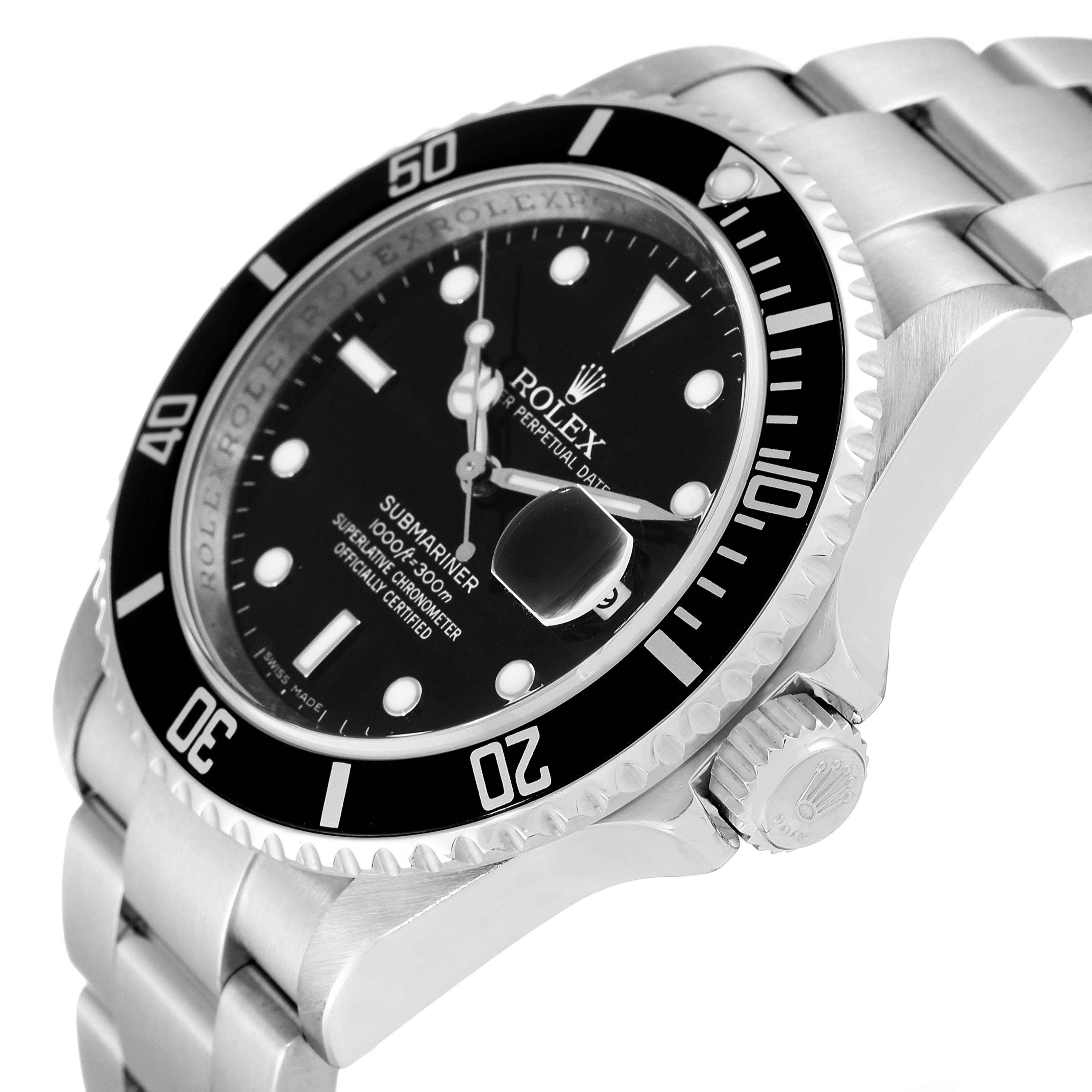 This image shows a side angle of the Rolex Submariner 16610 Men
s Stainless Steel Black Dial 16610 Men
s Stainless Steel Black Dial watch, highlighting its bezel, dial, and crown.