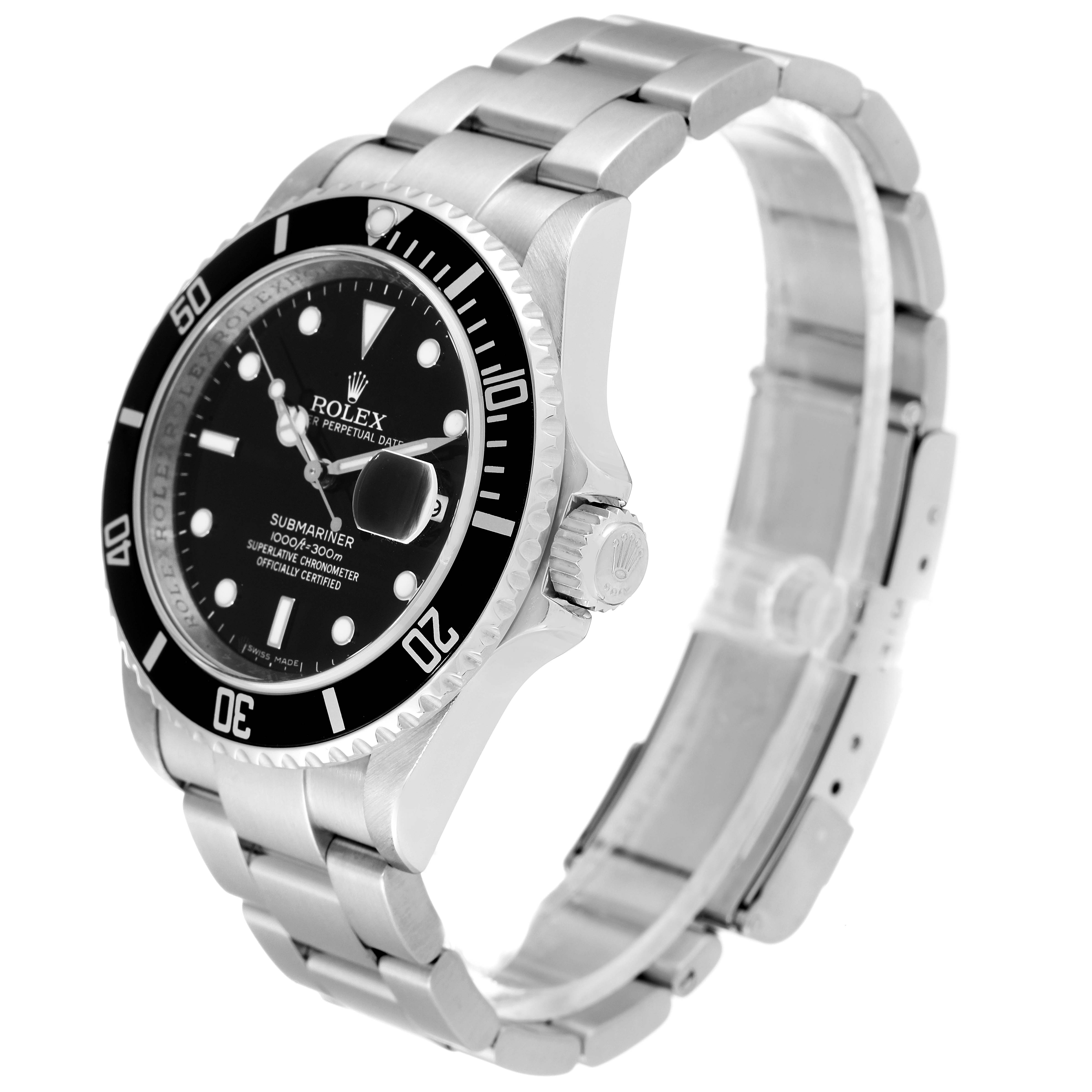 The image shows a side angle of the Rolex Submariner 16610 Men
s Stainless Steel Black Dial 16610 Men
s Stainless Steel Black Dial watch, highlighting the bezel, dial, crown, and bracelet.