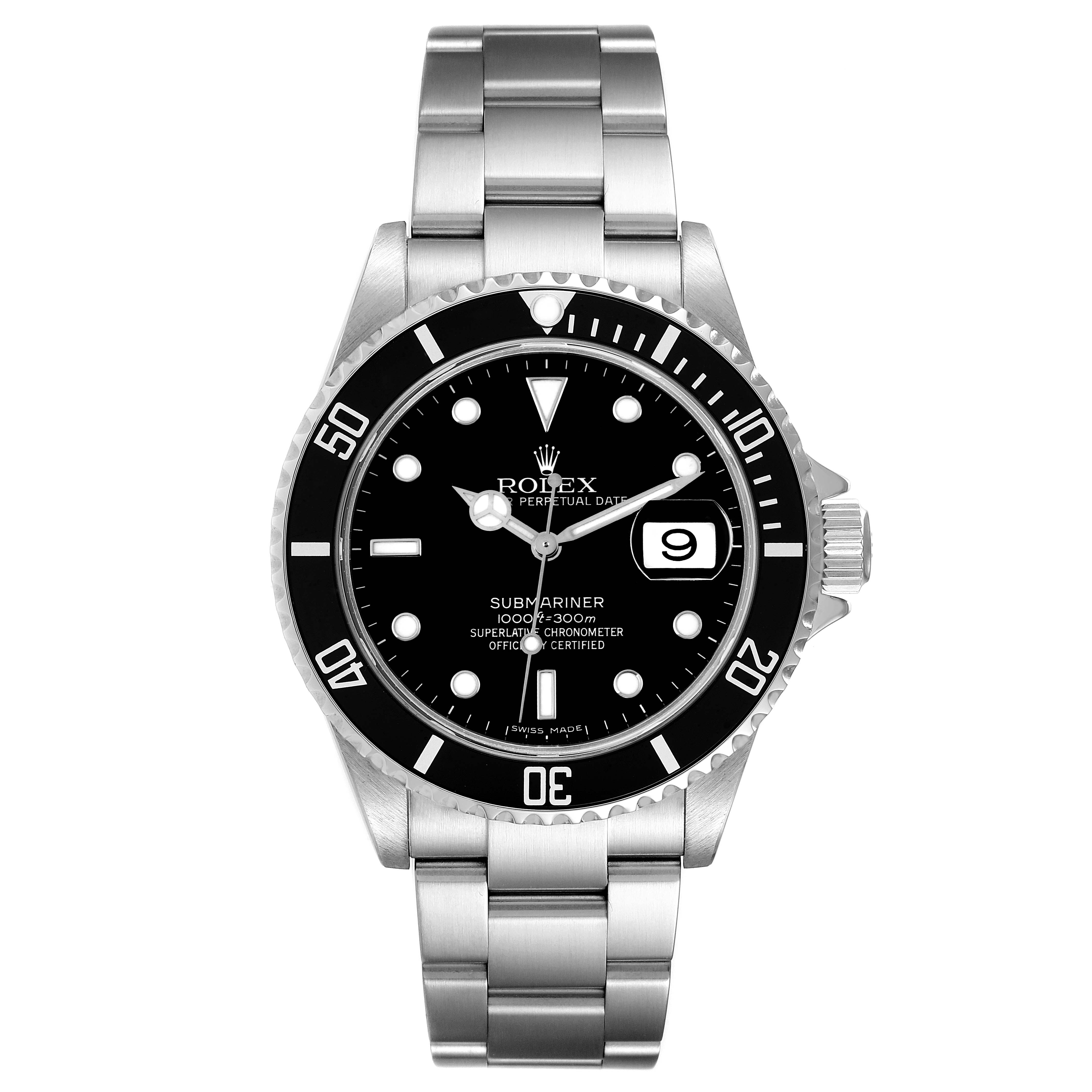 The image shows a frontal view of a Rolex Submariner 16610 Men
s Stainless Steel Black Dial 16610 Men
s Stainless Steel Black Dial watch, highlighting its dial, bezel, and bracelet.