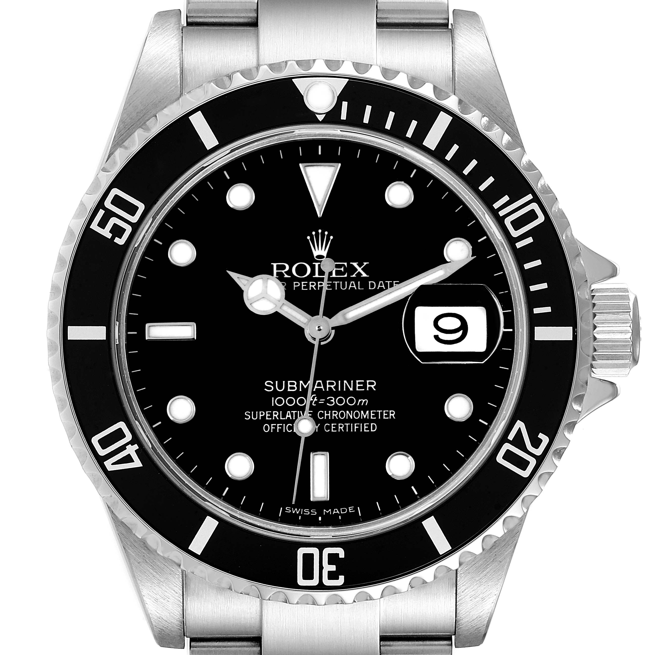 This image shows a frontal view of the Rolex Submariner 16610 Men
s Stainless Steel Black Dial 16610 Men
s Stainless Steel Black Dial watch, highlighting the dial, bezel, and part of the bracelet.