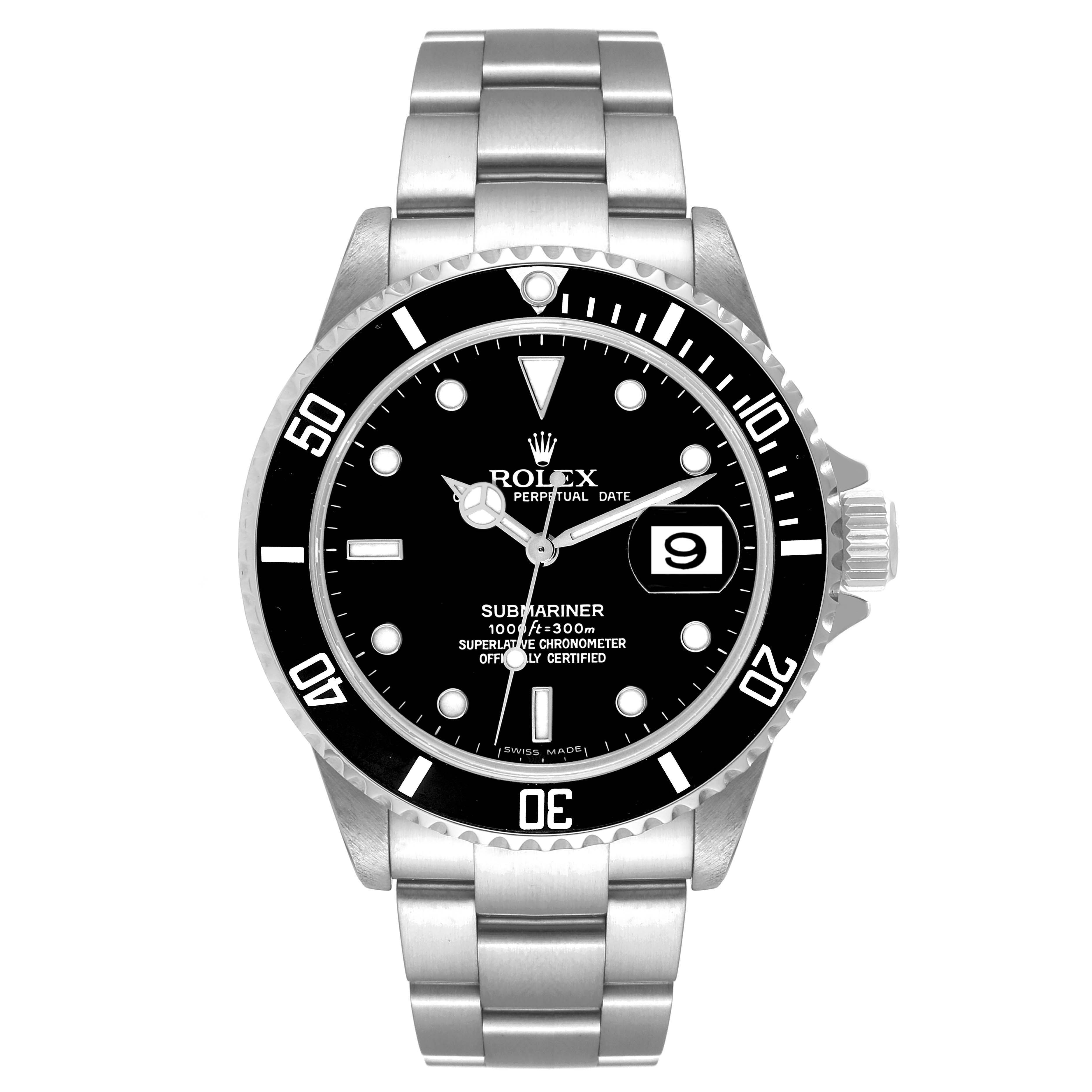 The image shows a front view of the Rolex Submariner 16610 Men
s Stainless Steel Black Dial 16610 Men
s Stainless Steel Black Dial watch, featuring the bezel, dial, hands, date window, and bracelet.