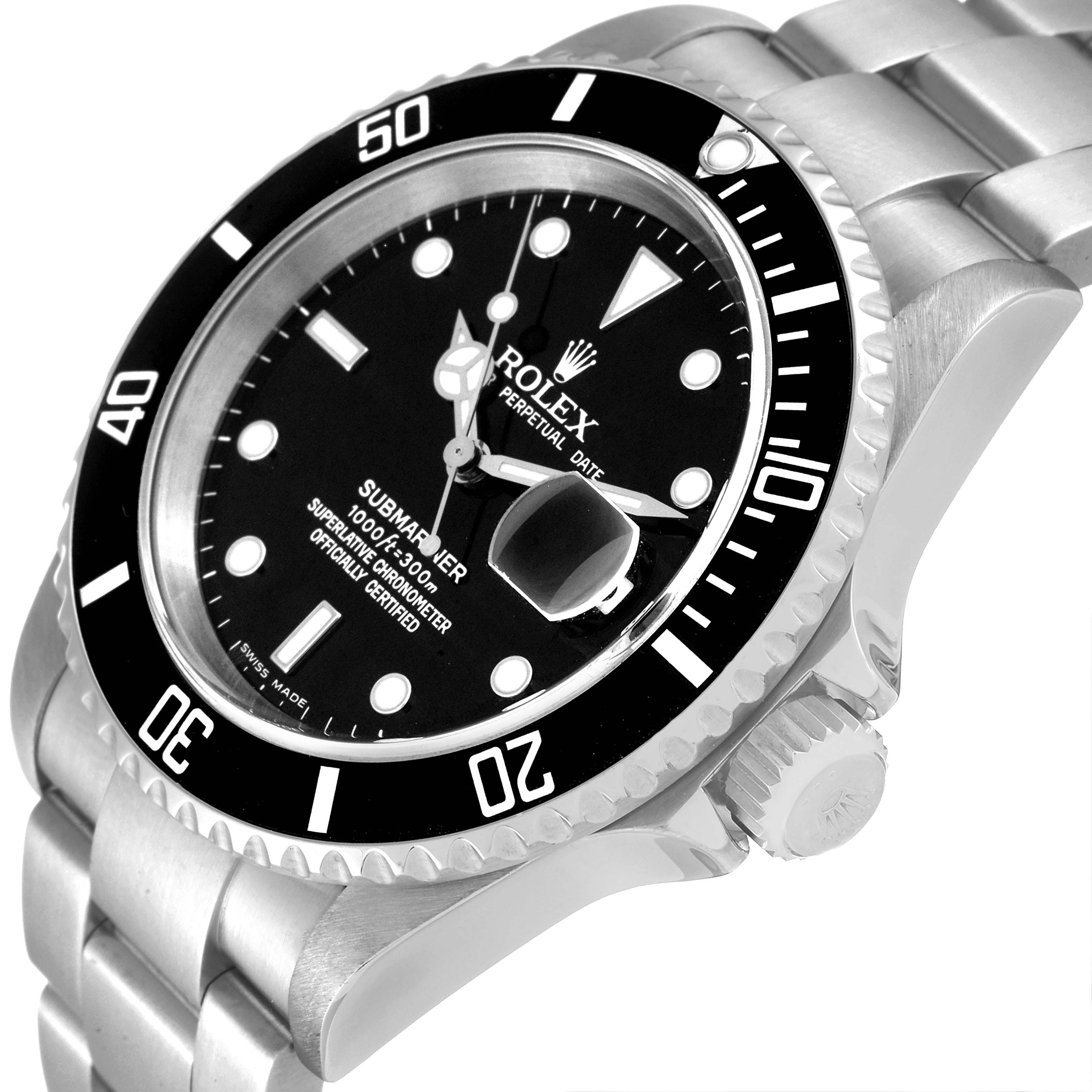 The image shows a Rolex Submariner 16610 Men
s Stainless Steel Black Dial 16610 Men
s Stainless Steel Black Dial watch from a top-side angle, highlighting the dial, bezel, and part of the bracelet.