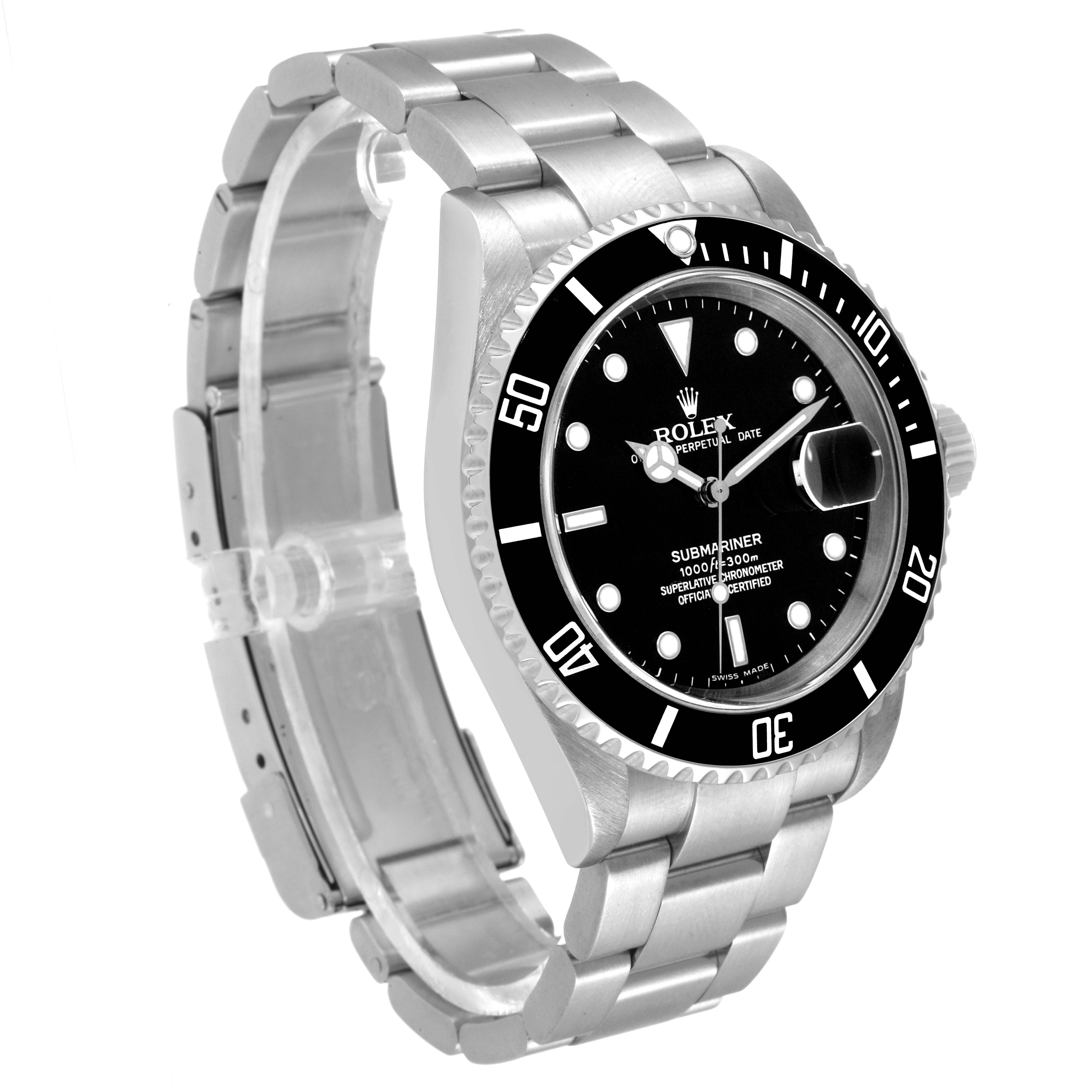 The Rolex Submariner 16610 Men
s Stainless Steel Black Dial 16610 Men
s Stainless Steel Black Dial watch is shown at a three-quarter angle, displaying its stainless steel bracelet, black dial, and rotating bezel.
