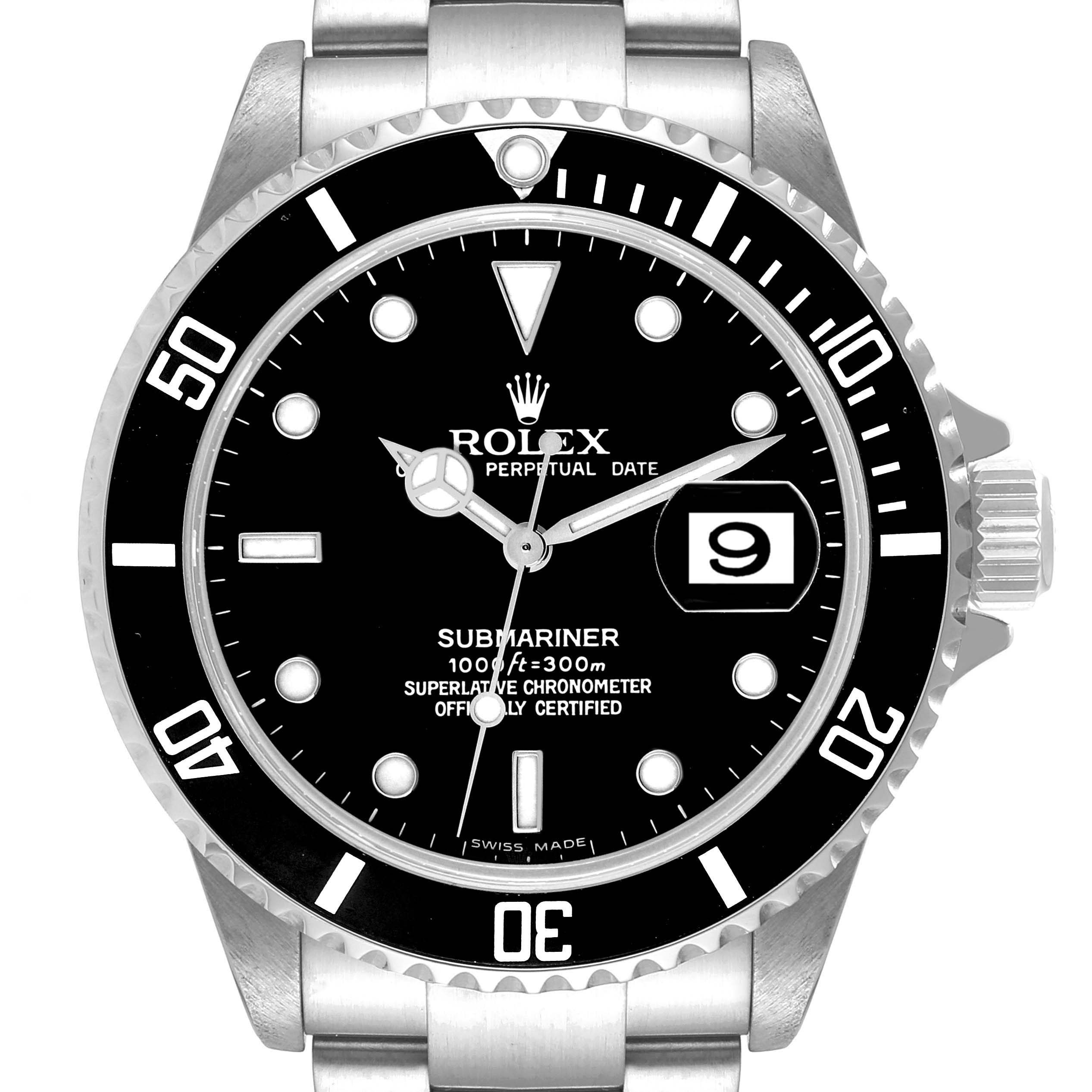 This image shows a Rolex Submariner 16610 Men
s Stainless Steel Black Dial 16610 Men
s Stainless Steel Black Dial watch from a frontal angle, featuring its bezel, dial, hands, and date window.