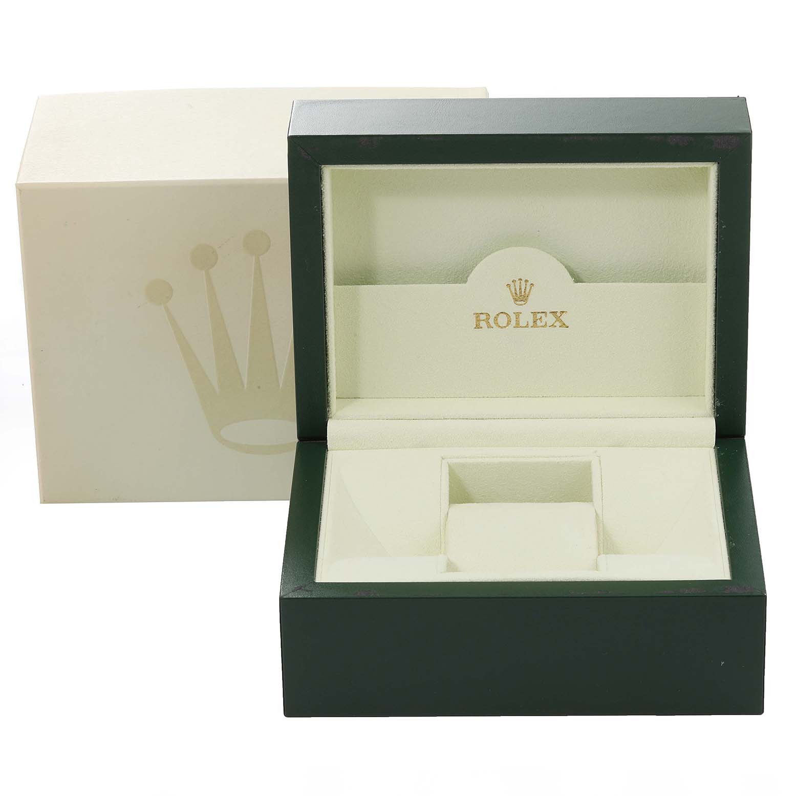 This image shows an open Rolex Submariner 16610 Men
s Stainless Steel Black Dial 16610 Men
s Stainless Steel Black Dial watch box, displaying its interior and the outer packaging.