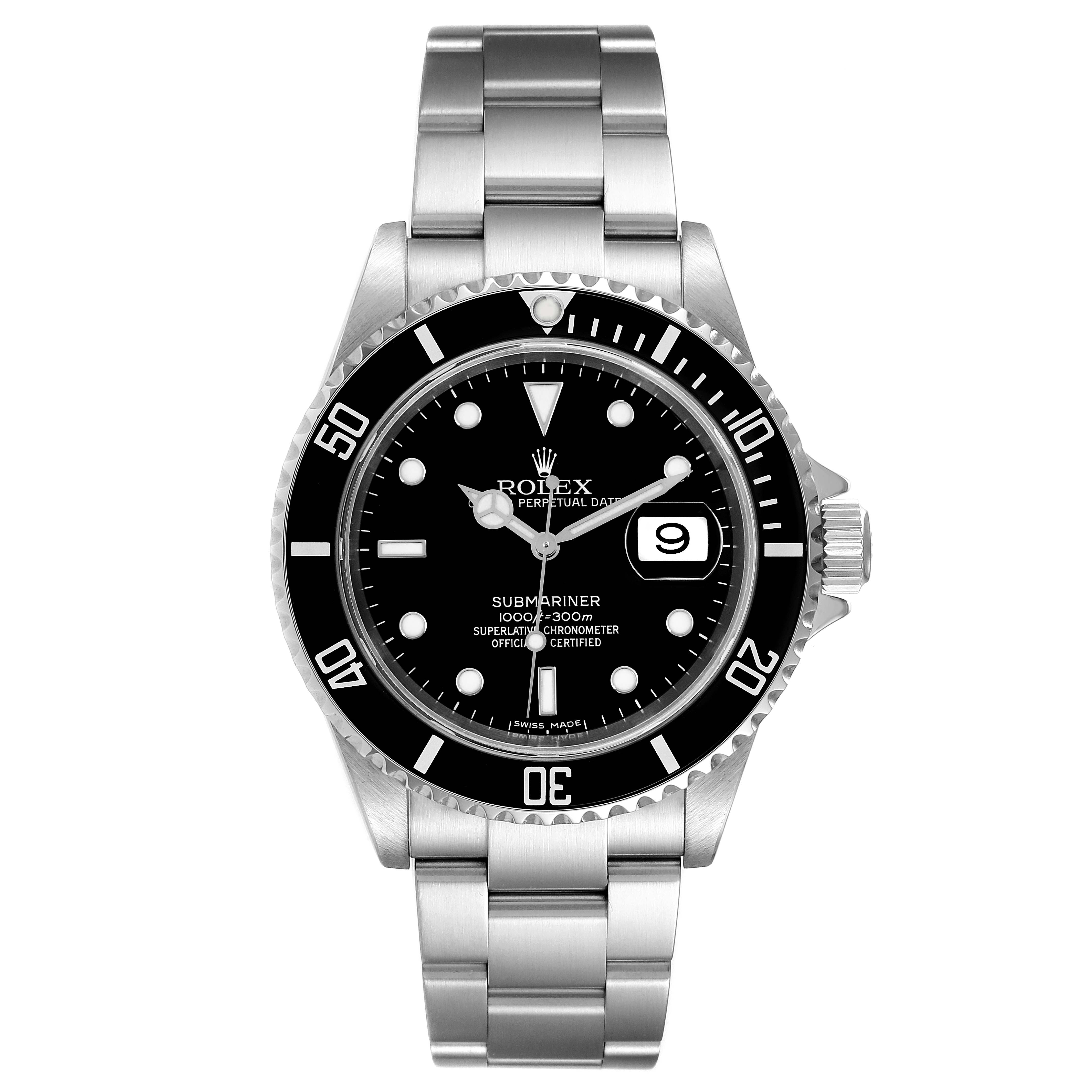 The Rolex Submariner 16610 Men
s Stainless Steel Black Dial 16610 Men
s Stainless Steel Black Dial watch is shown from a front view, displaying its face, bezel, and bracelet.