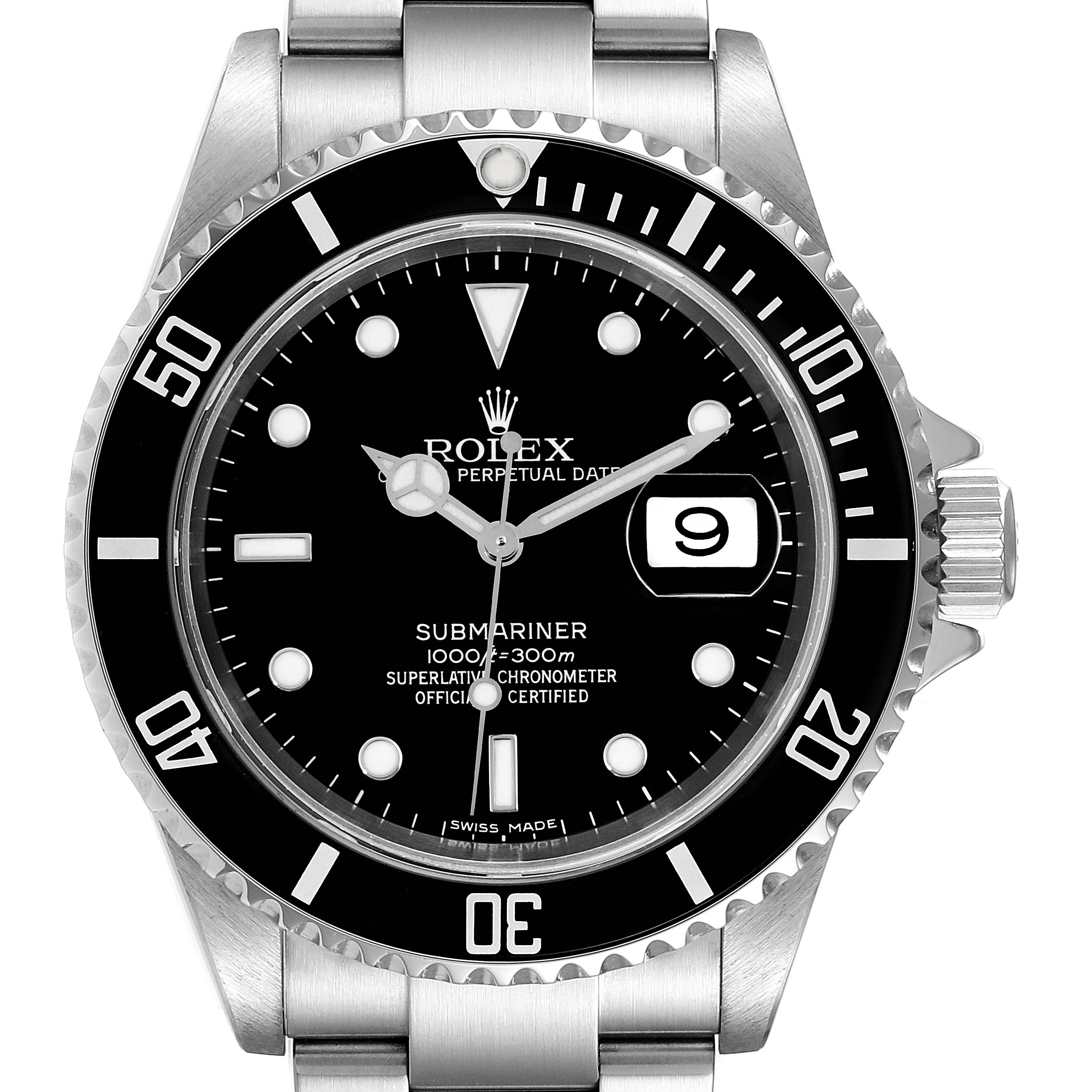 The image shows a front view of a Rolex Submariner 16610 Men
s Stainless Steel Black Dial 16610 Men
s Stainless Steel Black Dial watch, displaying the dial, bezel, case, and a portion of the bracelet.