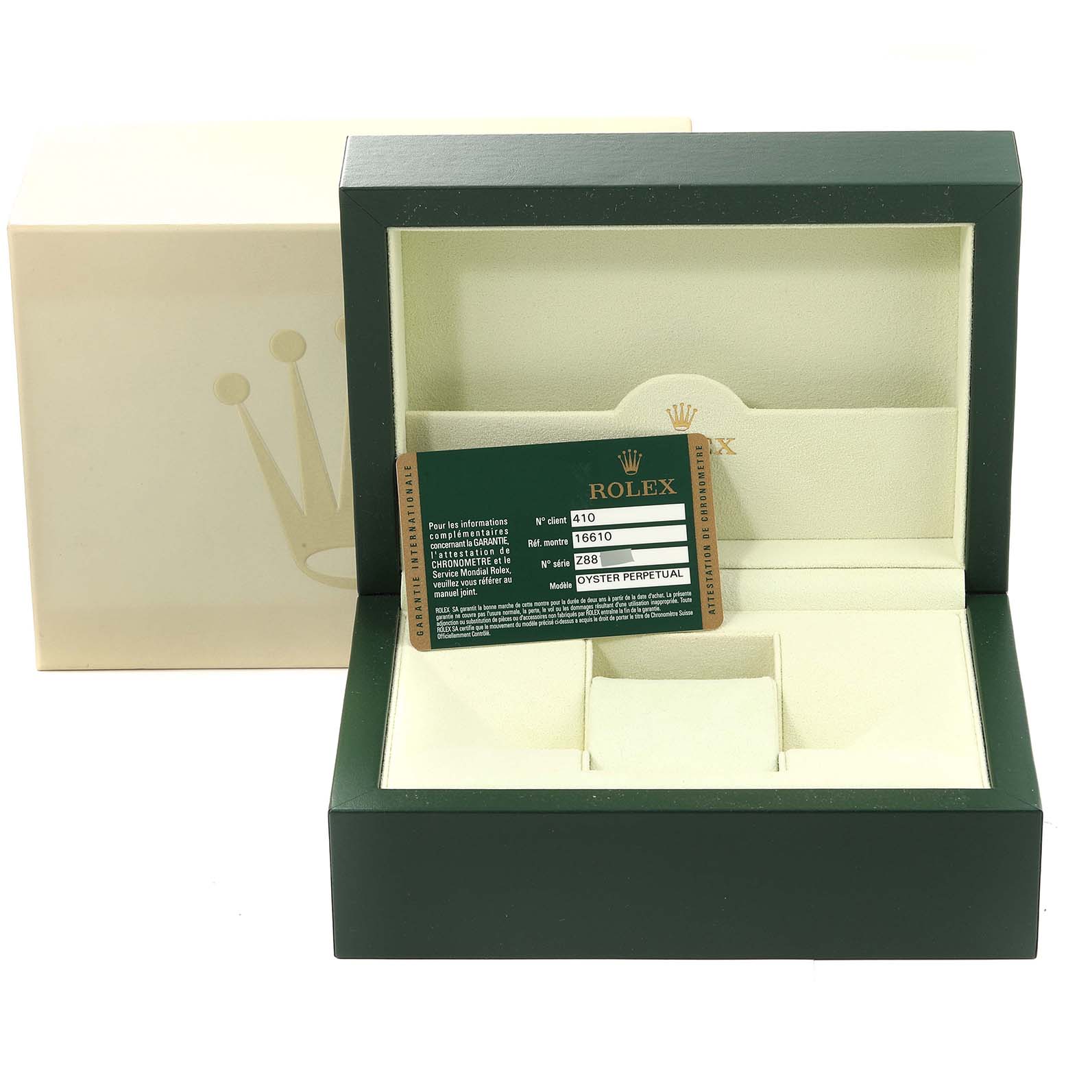 The image shows an open Rolex Submariner 16610 Men
s Stainless Steel Black Dial 16610 Men
s Stainless Steel Black Dial watch box with its warranty card placed inside.