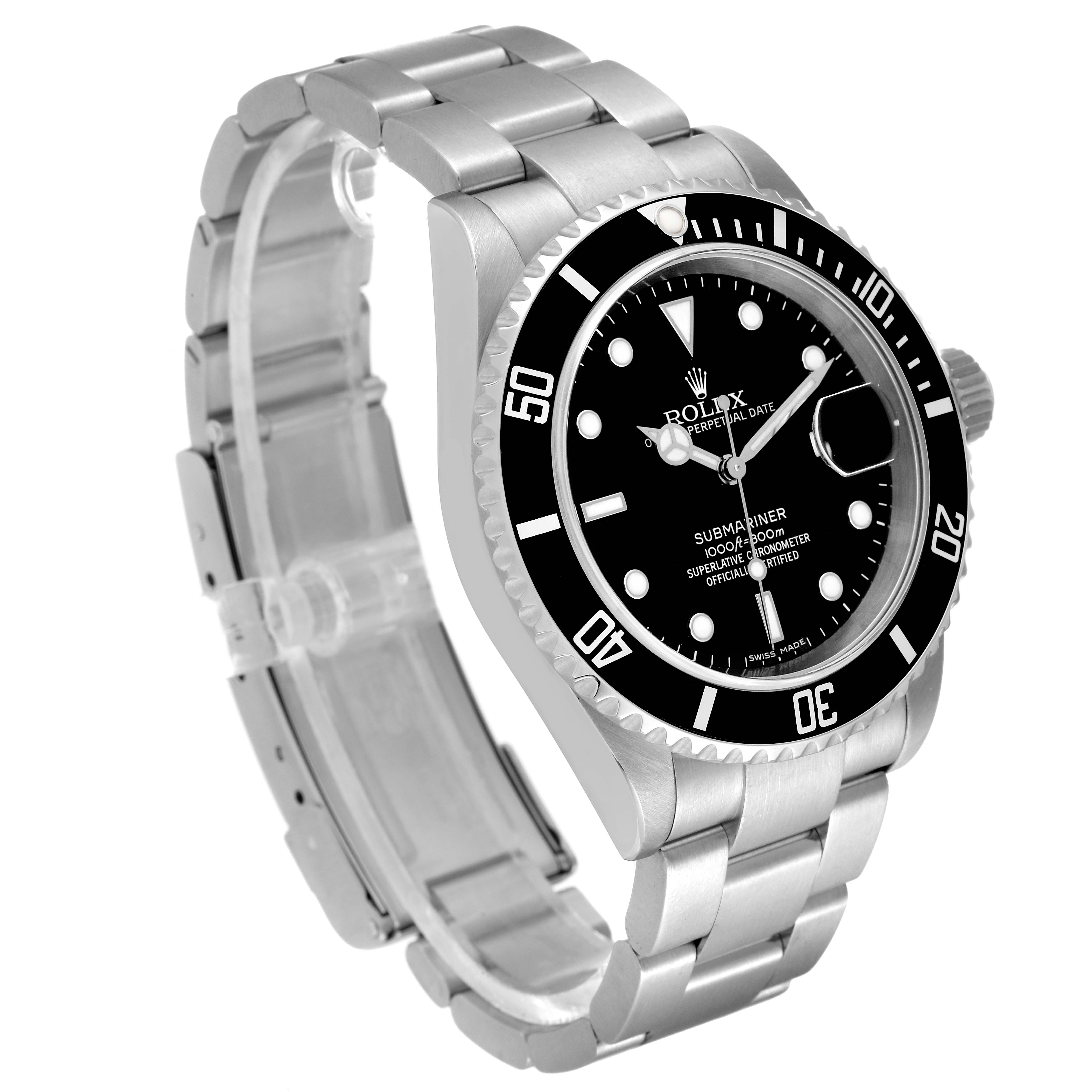 The Rolex Submariner 16610 Men
s Stainless Steel Black Dial 16610 Men
s Stainless Steel Black Dial watch is shown at a slight angle, showcasing its dial, bezel, bracelet, and clasp.