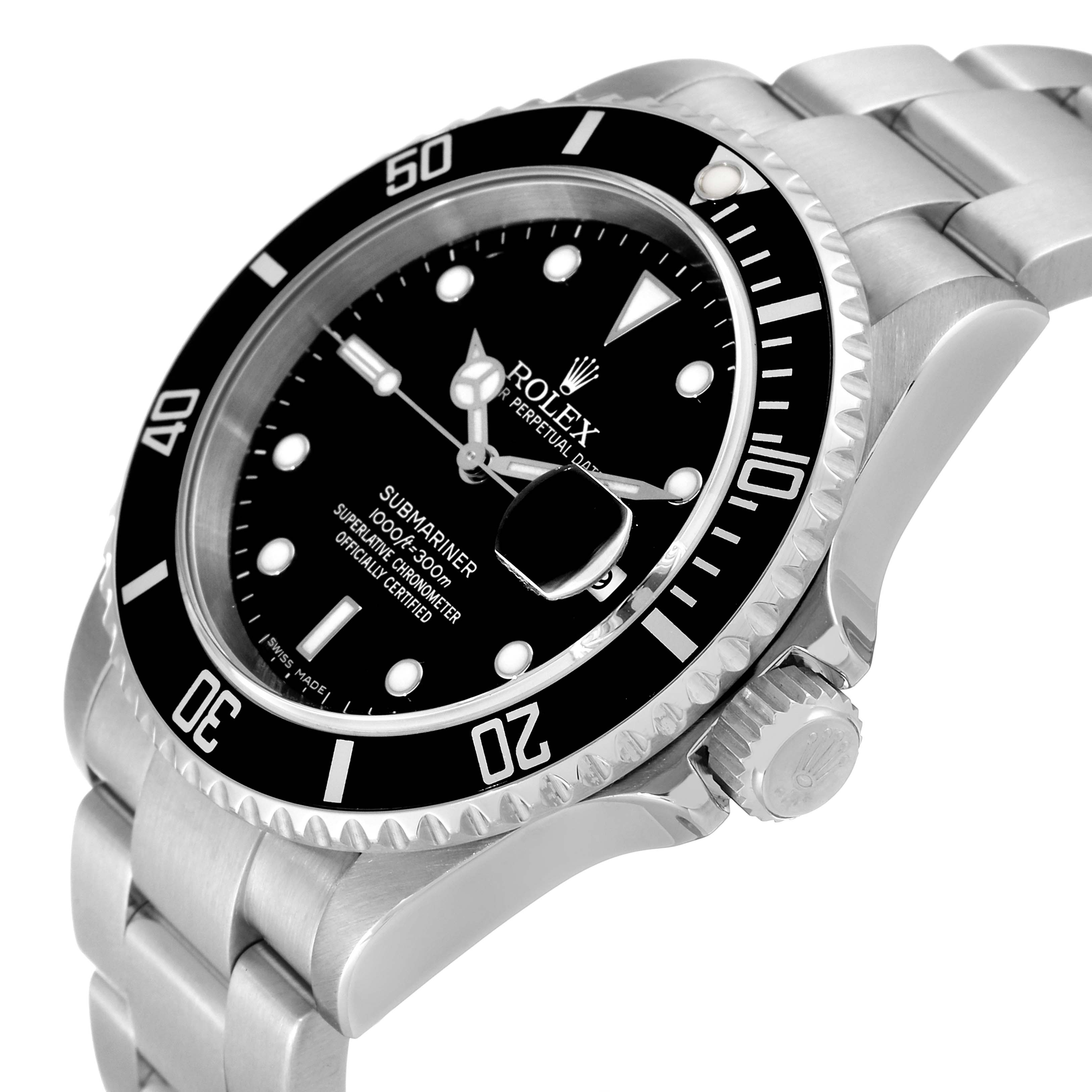 This image shows a close-up angle of a Rolex Submariner 16610 Men
s Stainless Steel Black Dial 16610 Men
s Stainless Steel Black Dial, highlighting the bezel, dial, and crown.