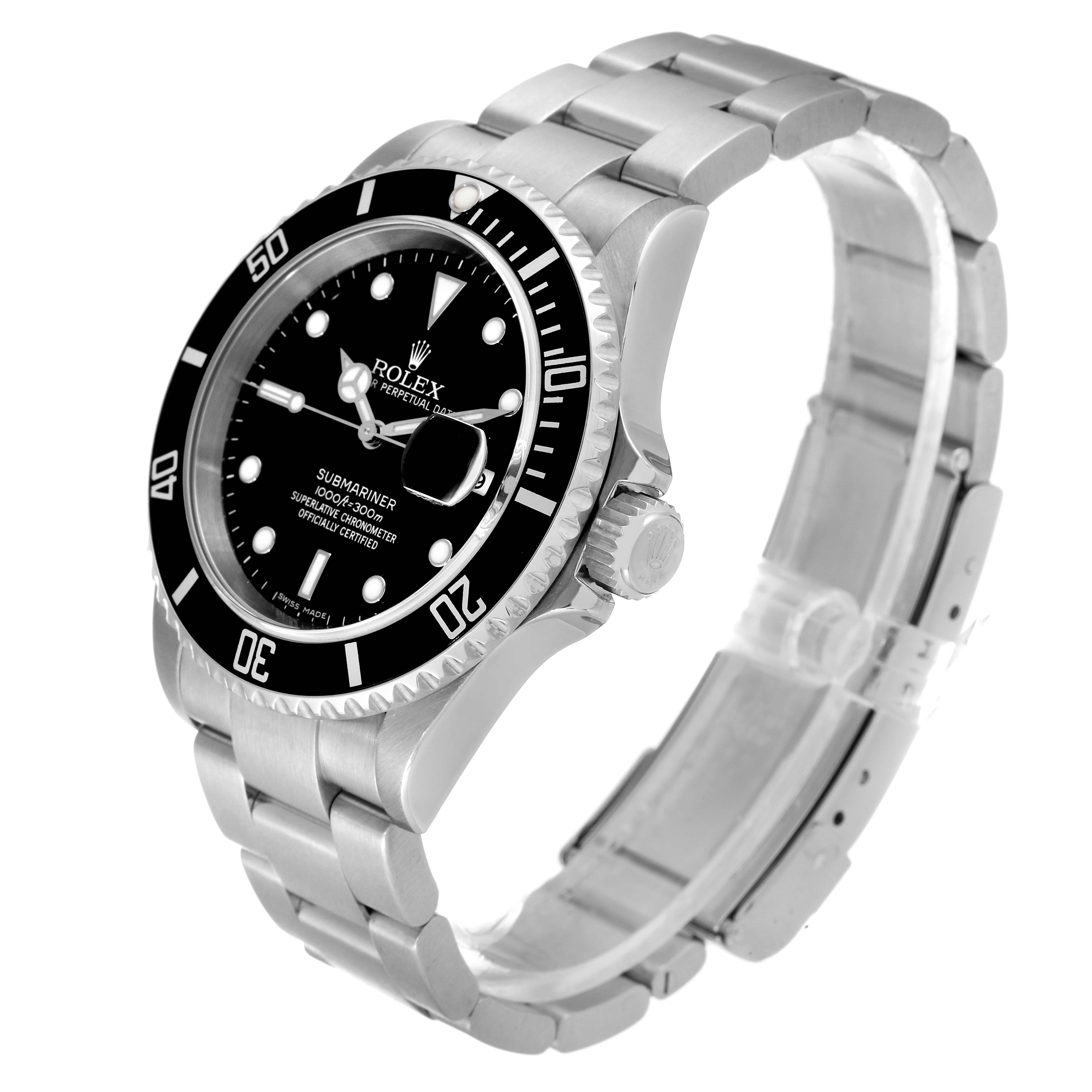 The image shows a full view of a Rolex Submariner 16610 Men
s Stainless Steel Black Dial 16610 Men
s Stainless Steel Black Dial watch, including its stainless steel bracelet and black dial.