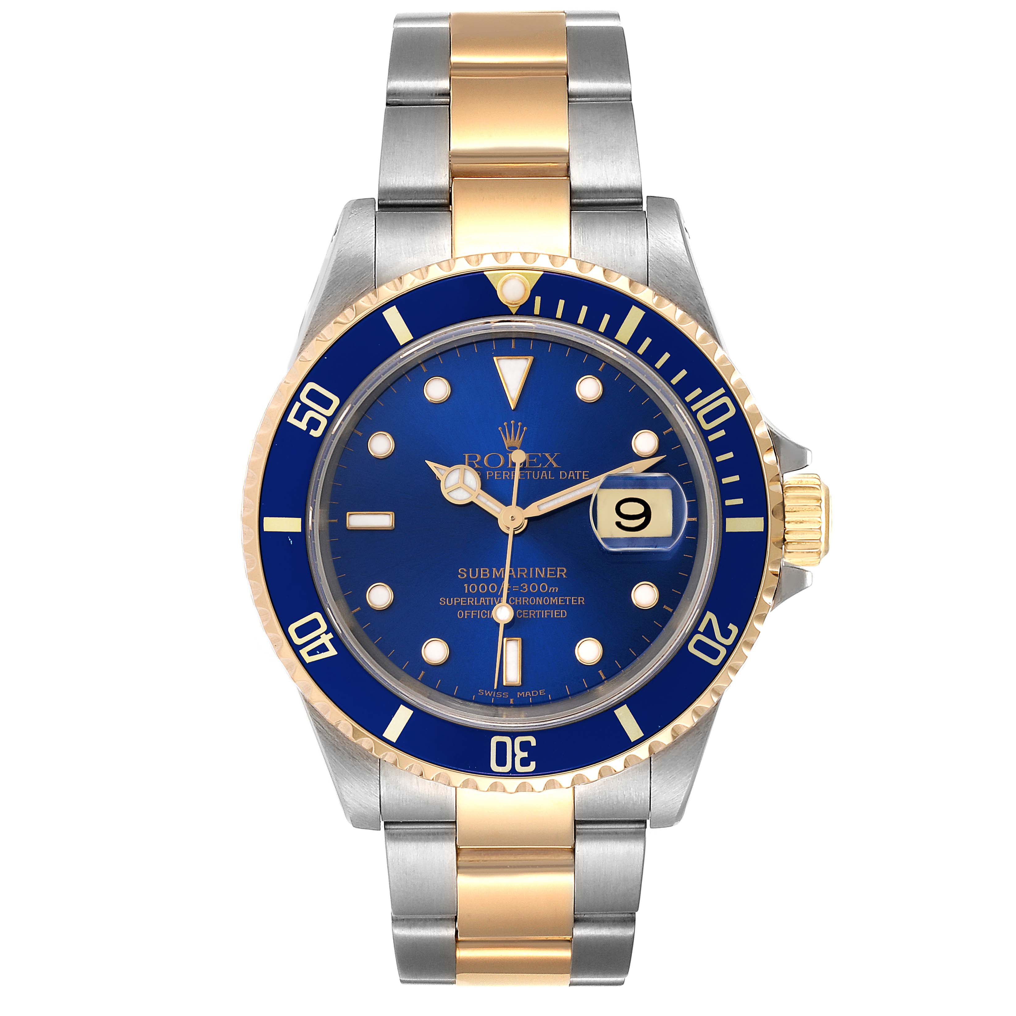 This image shows a Rolex Submariner 16613 Men's Steel and Gold (two tone) Blue Dial 16613 Men's Steel and Gold (two tone) Blue Dial watch from the front, highlighting its blue dial, bezel, and two-tone bracelet.
