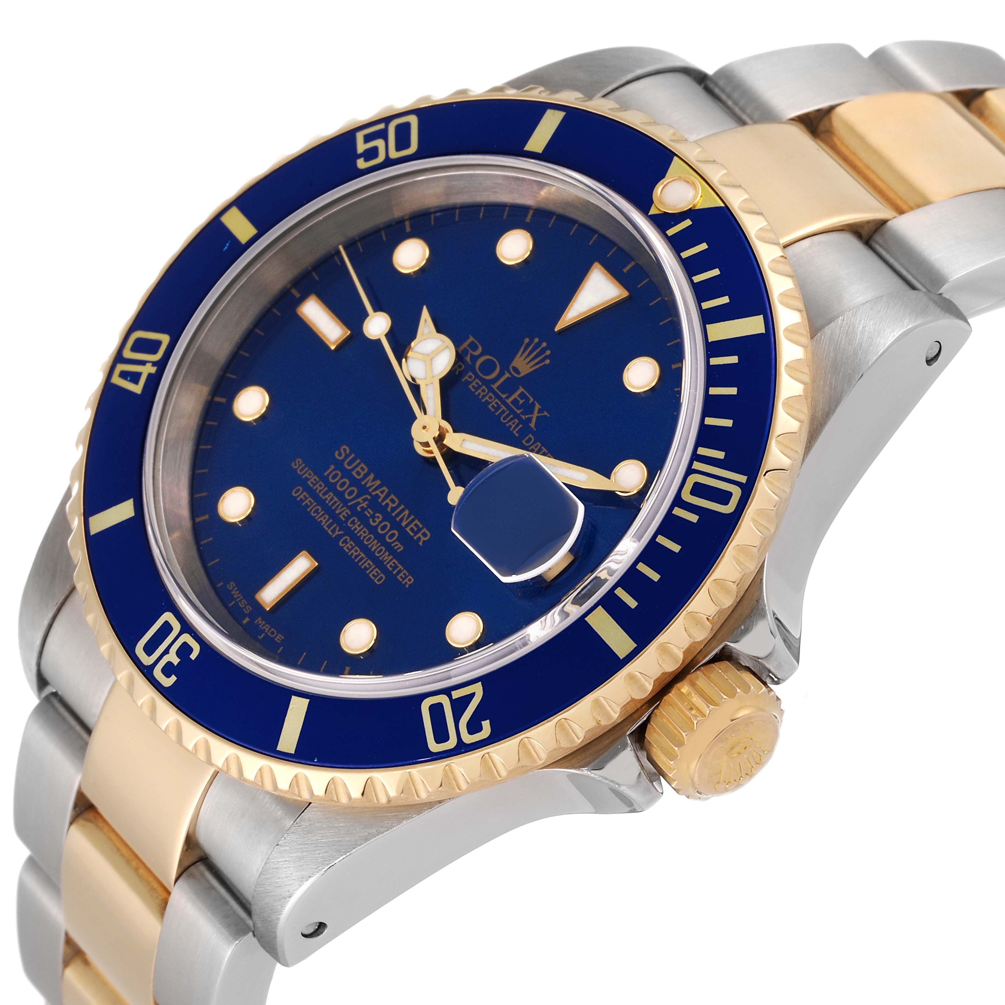 This image shows a partial side angle of the Rolex Submariner 16613 Men's Steel and Gold (two tone) Blue Dial 16613 Men's Steel and Gold (two tone) Blue Dial, highlighting its blue bezel, dial, and two-tone bracelet.