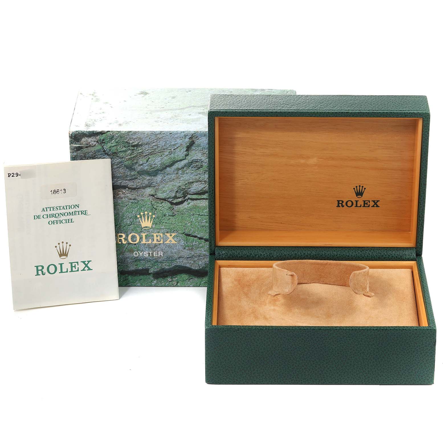 The image shows an open Rolex Submariner 16613 Men's Steel and Gold (two tone) Blue Dial 16613 Men's Steel and Gold (two tone) Blue Dial green watch box with the outer box and warranty booklet displayed.
