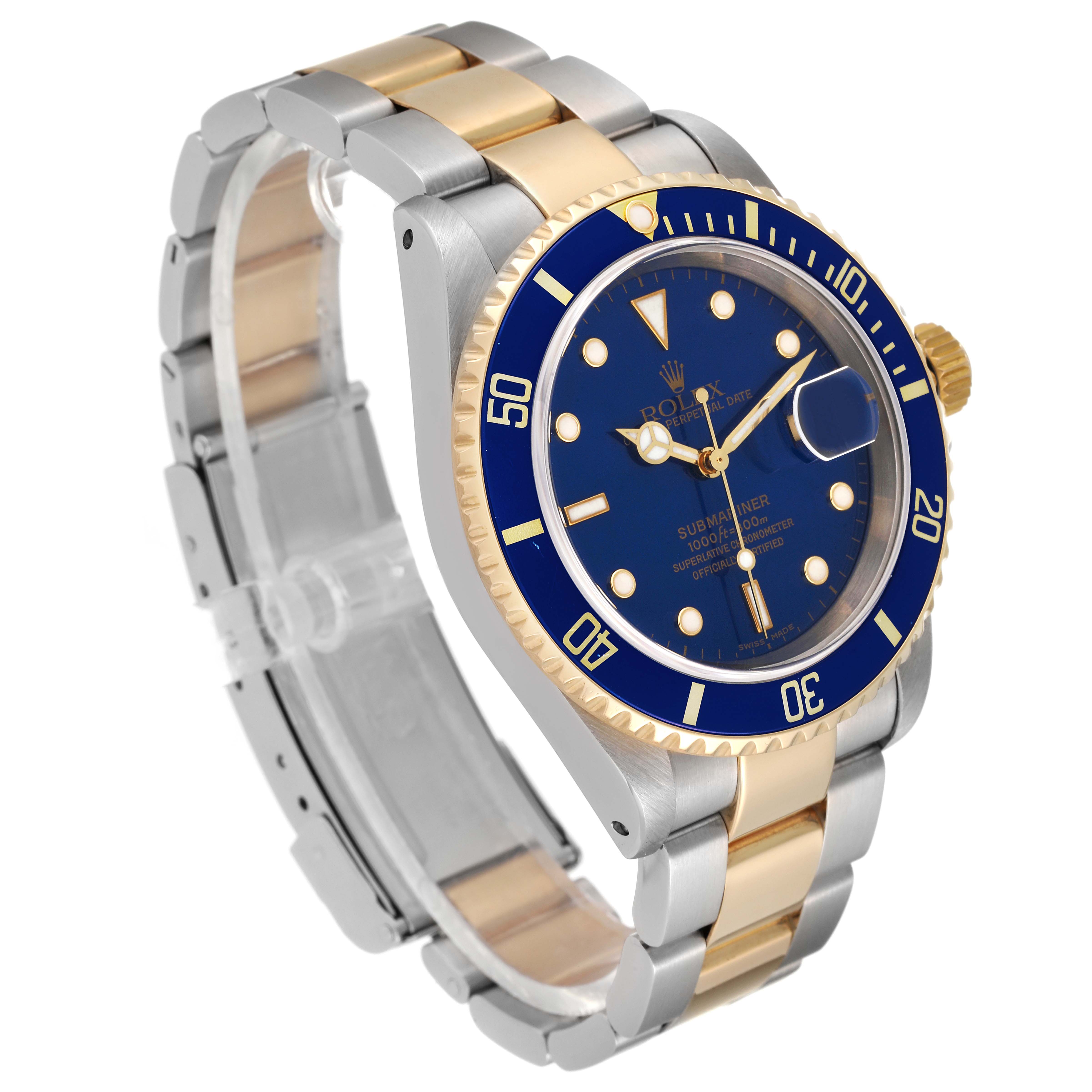 This image shows a Rolex Submariner 16613 Men's Steel and Gold (two tone) Blue Dial 16613 Men's Steel and Gold (two tone) Blue Dial watch at an angled side view, highlighting the blue dial, bezel, and two-tone bracelet.