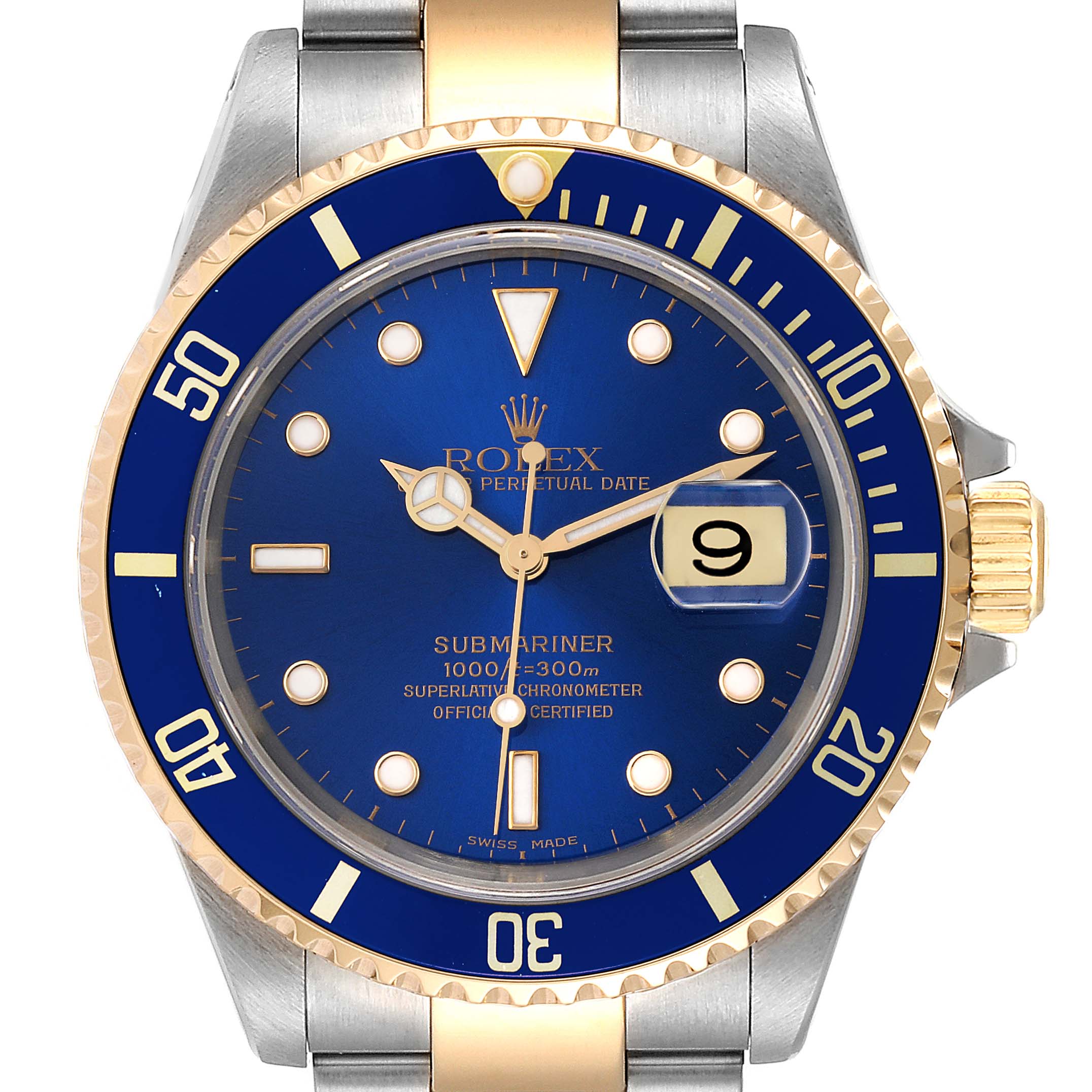 This is a front view of a Rolex Submariner 16613 Men's Steel and Gold (two tone) Blue Dial 16613 Men's Steel and Gold (two tone) Blue Dial watch, showing the dial, bezel, and crown.