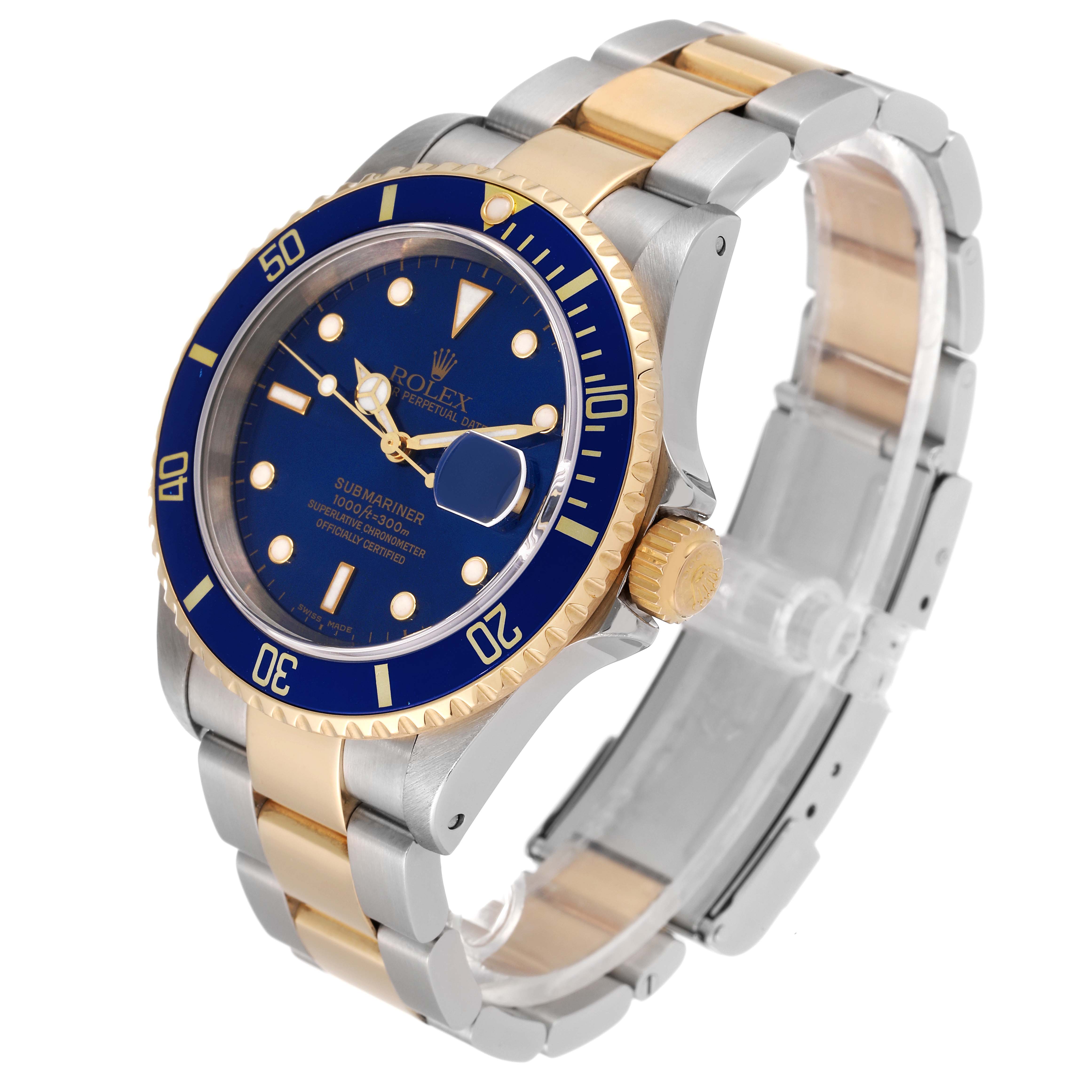 The Rolex Submariner 16613 Men's Steel and Gold (two tone) Blue Dial 16613 Men's Steel and Gold (two tone) Blue Dial watch is shown at a three-quarter angle, highlighting its blue dial, bezel, and two-tone bracelet.