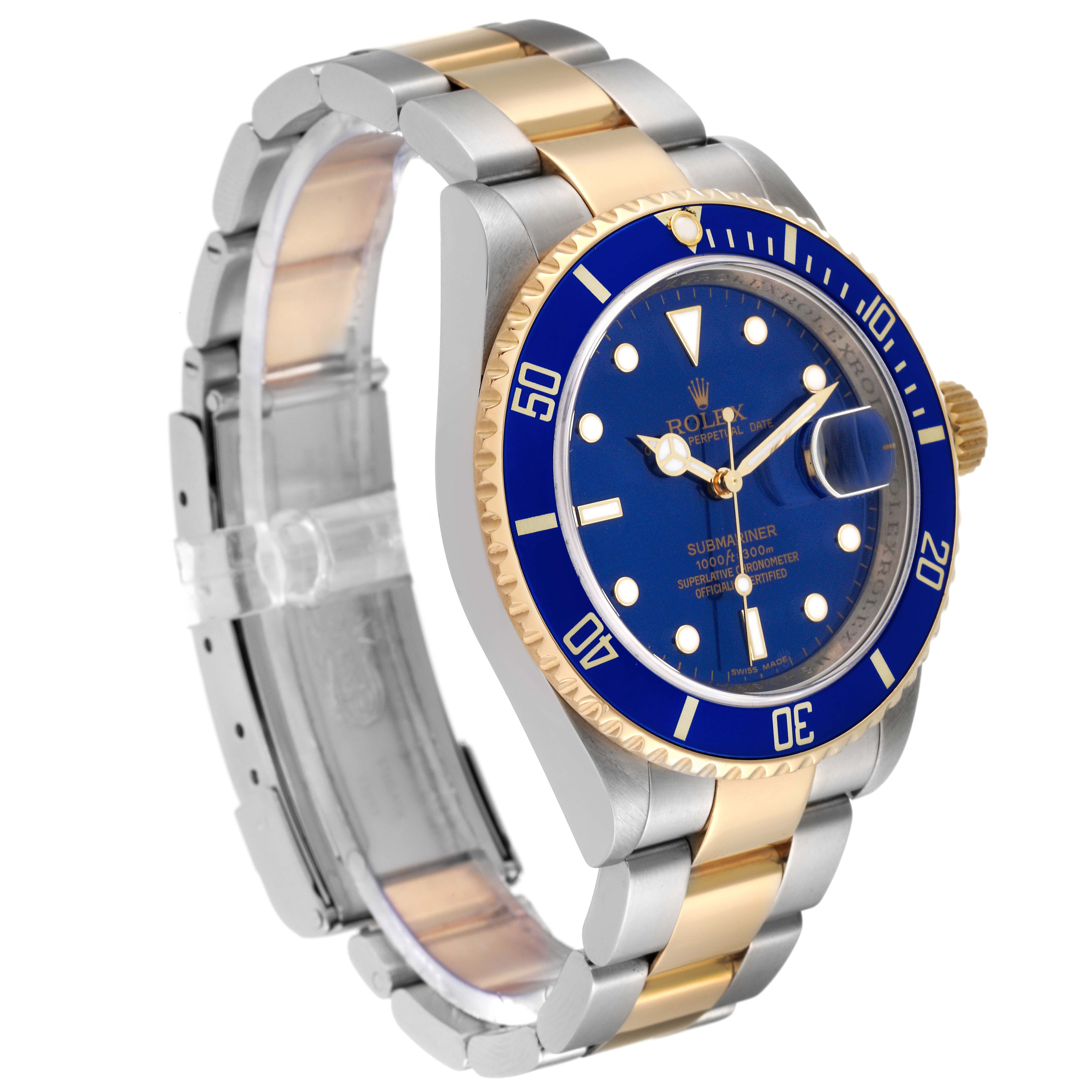 This image shows a Rolex Submariner 16613 Men
s Steel and Gold (two tone) Blue Dial 16613 Men
s Steel and Gold (two tone) Blue Dial watch with a blue dial, two-tone metal bracelet, and side view of the bezel, crown, and bracelet.