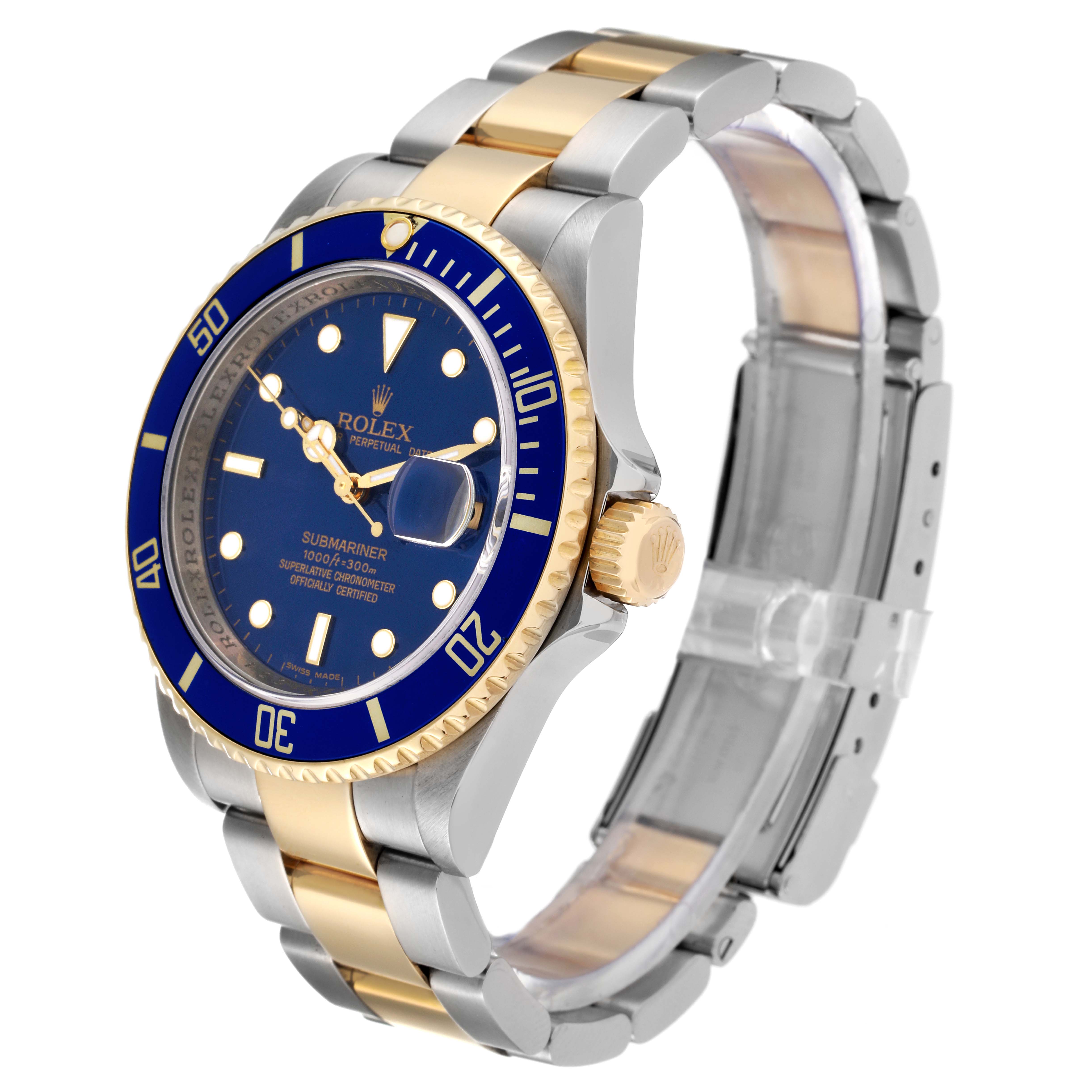 The image shows the front and side view of a Rolex Submariner 16613 Men
s Steel and Gold (two tone) Blue Dial 16613 Men
s Steel and Gold (two tone) Blue Dial, highlighting its blue dial, bezel, and two-tone metal bracelet.