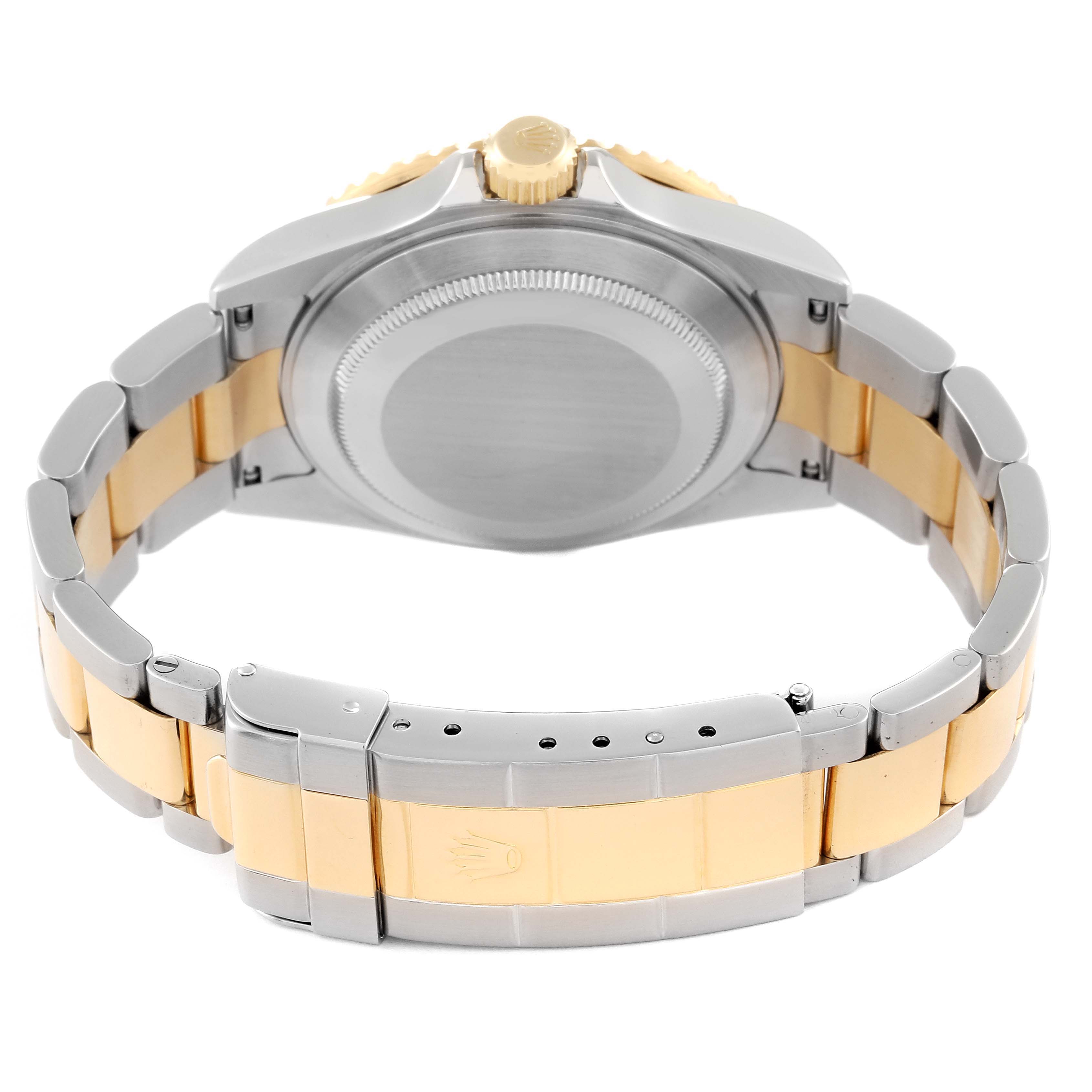 The image displays the back view of the Rolex Submariner 16613 Men
s Steel and Gold (two tone) Blue Dial 16613 Men
s Steel and Gold (two tone) Blue Dial watch, showcasing the case back, bracelet, and clasp.