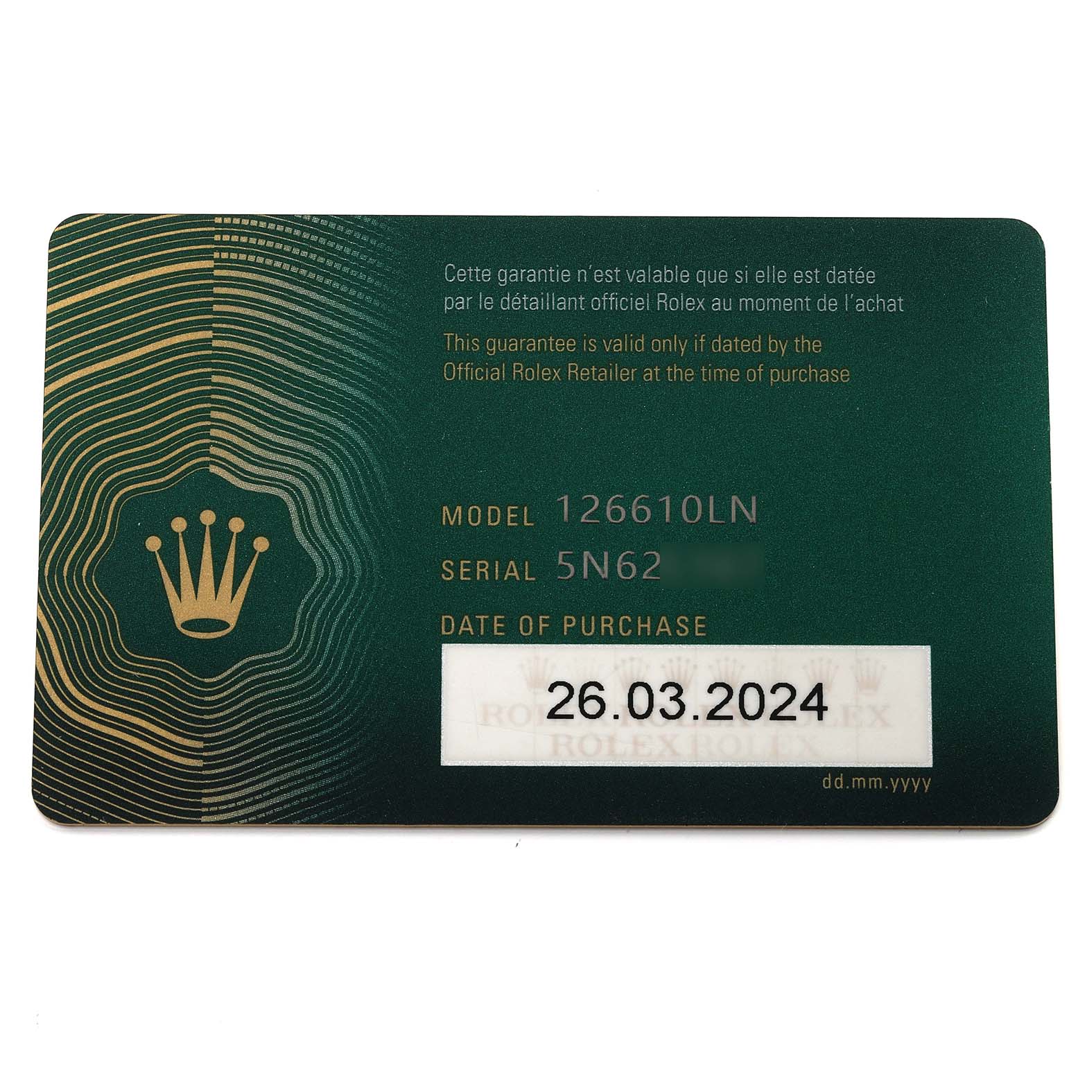 This image shows the guarantee card for a Rolex Submariner 126610LN Men's Stainless Steel Black Dial 126610LN Men's Stainless Steel Black Dial model 126610LN, featuring the date of purchase and serial number.