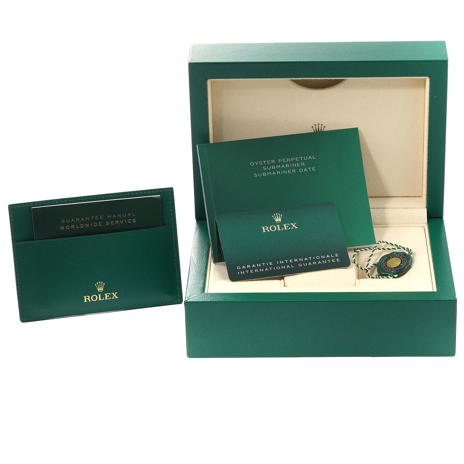 The image shows a Rolex Submariner 126610LN Men's Stainless Steel Black Dial 126610LN Men's Stainless Steel Black Dial watch box with warranty cards, manuals, and a tag, viewed from the front.