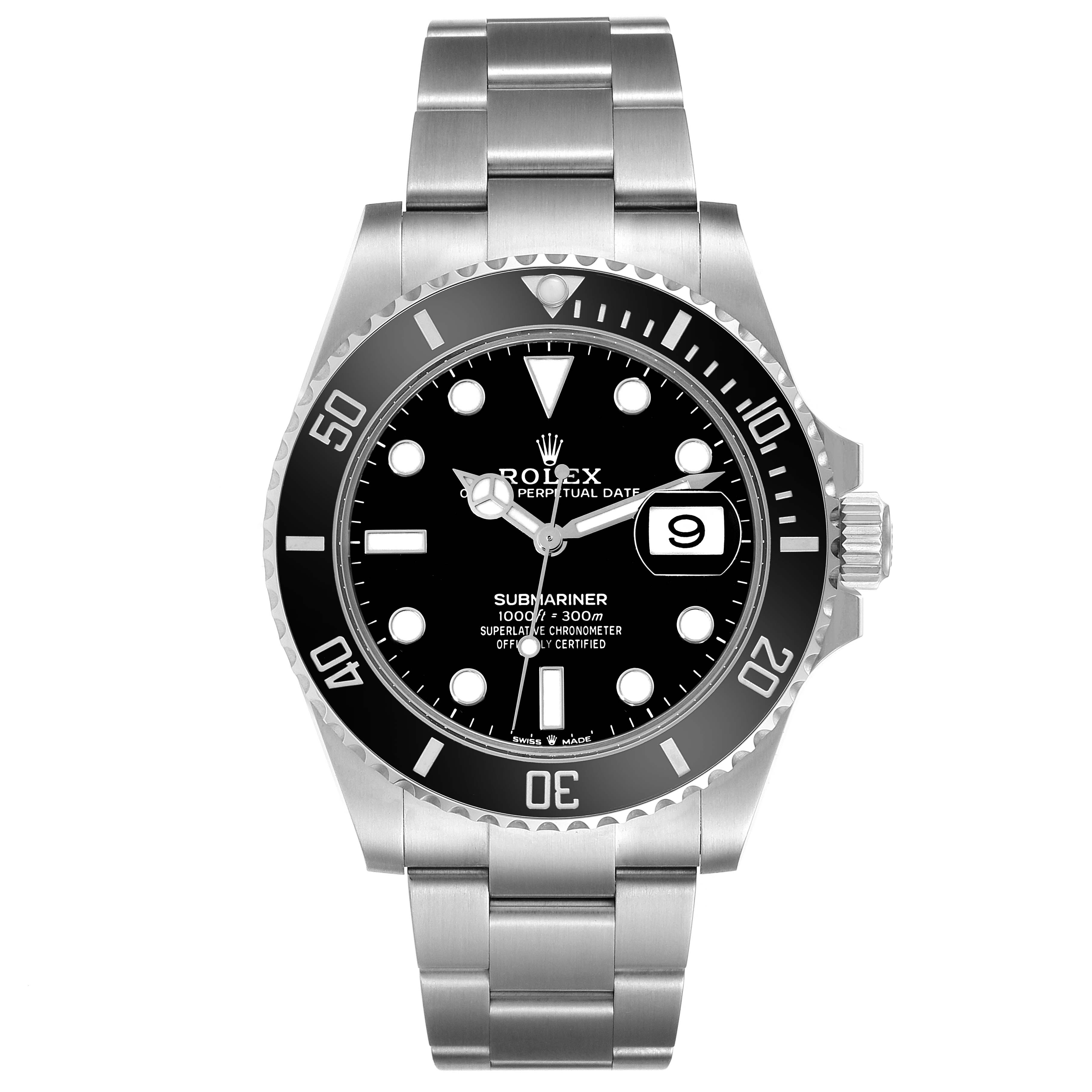 This image shows a front view of the Rolex Submariner 126610LN Men's Stainless Steel Black Dial 126610LN Men's Stainless Steel Black Dial watch, highlighting the dial, bezel, and bracelet.