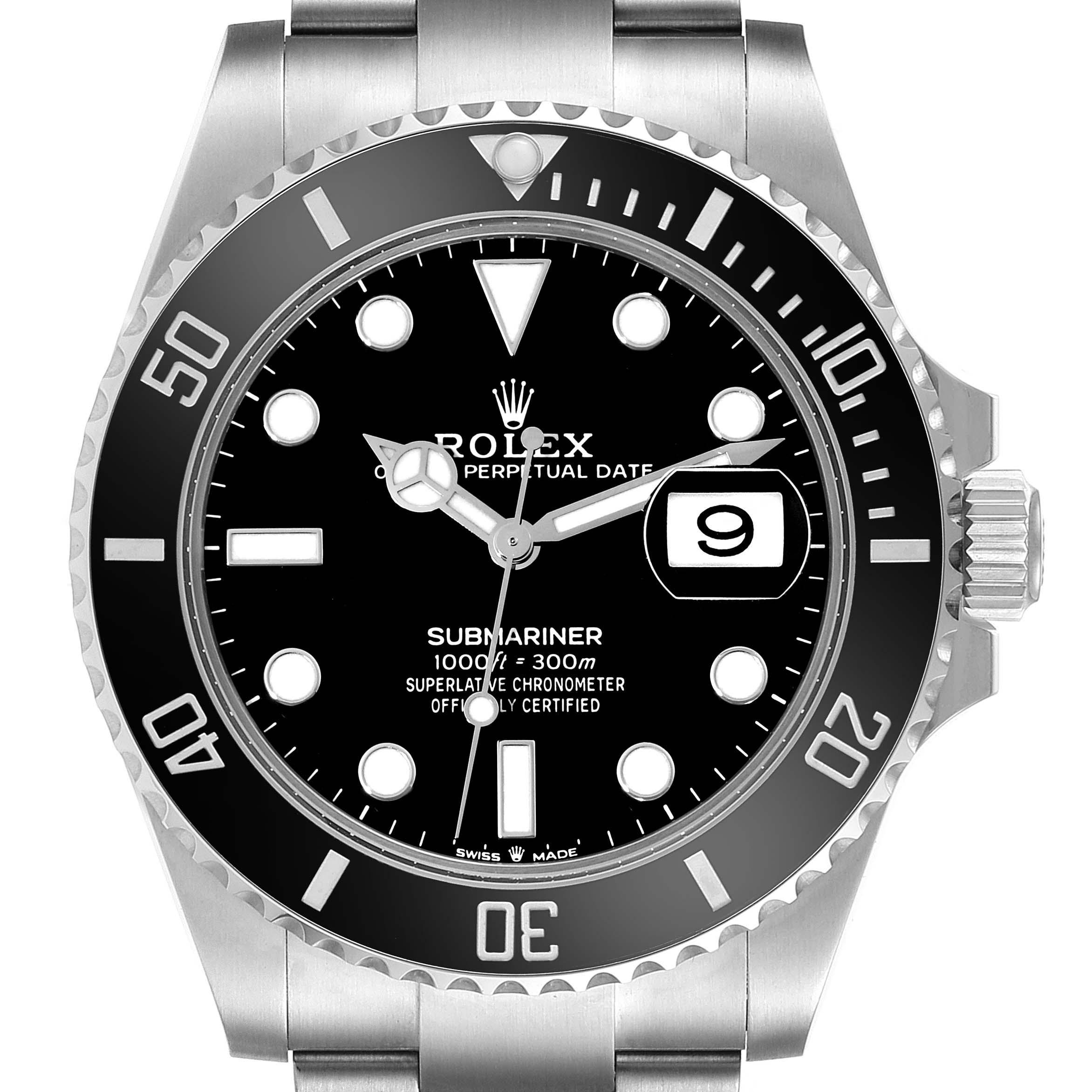 The image shows a front view of the Rolex Submariner 126610LN Men's Stainless Steel Black Dial 126610LN Men's Stainless Steel Black Dial with its black dial, bezel, and stainless steel bracelet.