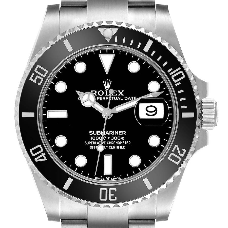 The image shows a front view of the Rolex Submariner with its black dial, bezel, and stainless steel bracelet.