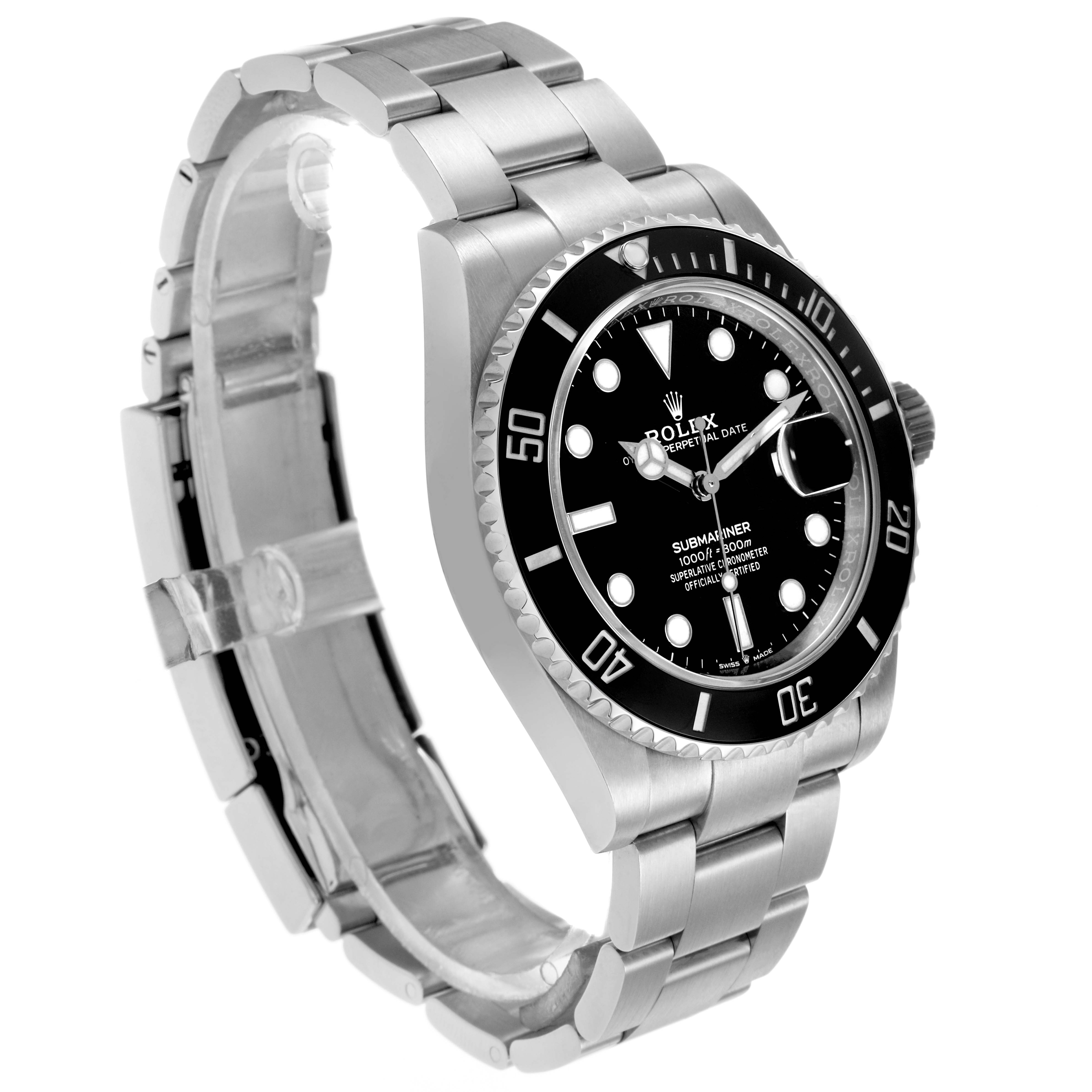 The Rolex Submariner 126610LN Men's Stainless Steel Black Dial is shown at a three-quarter angle, displaying its dial, bezel, case, and bracelet.