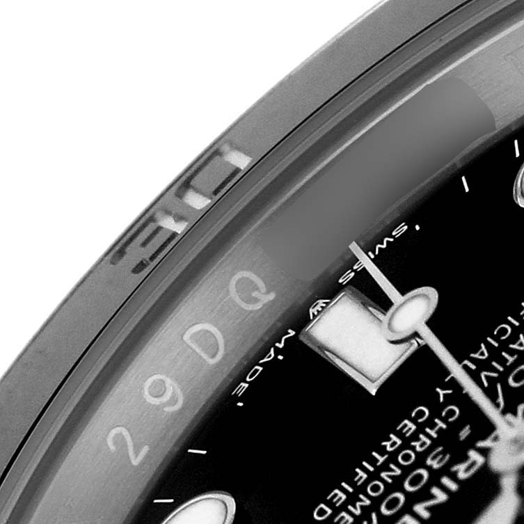 The image shows a close-up of the dial and hands of a Rolex Submariner 126610LN Men's Stainless Steel Black Dial, highlighting the indices and part of the bezel.