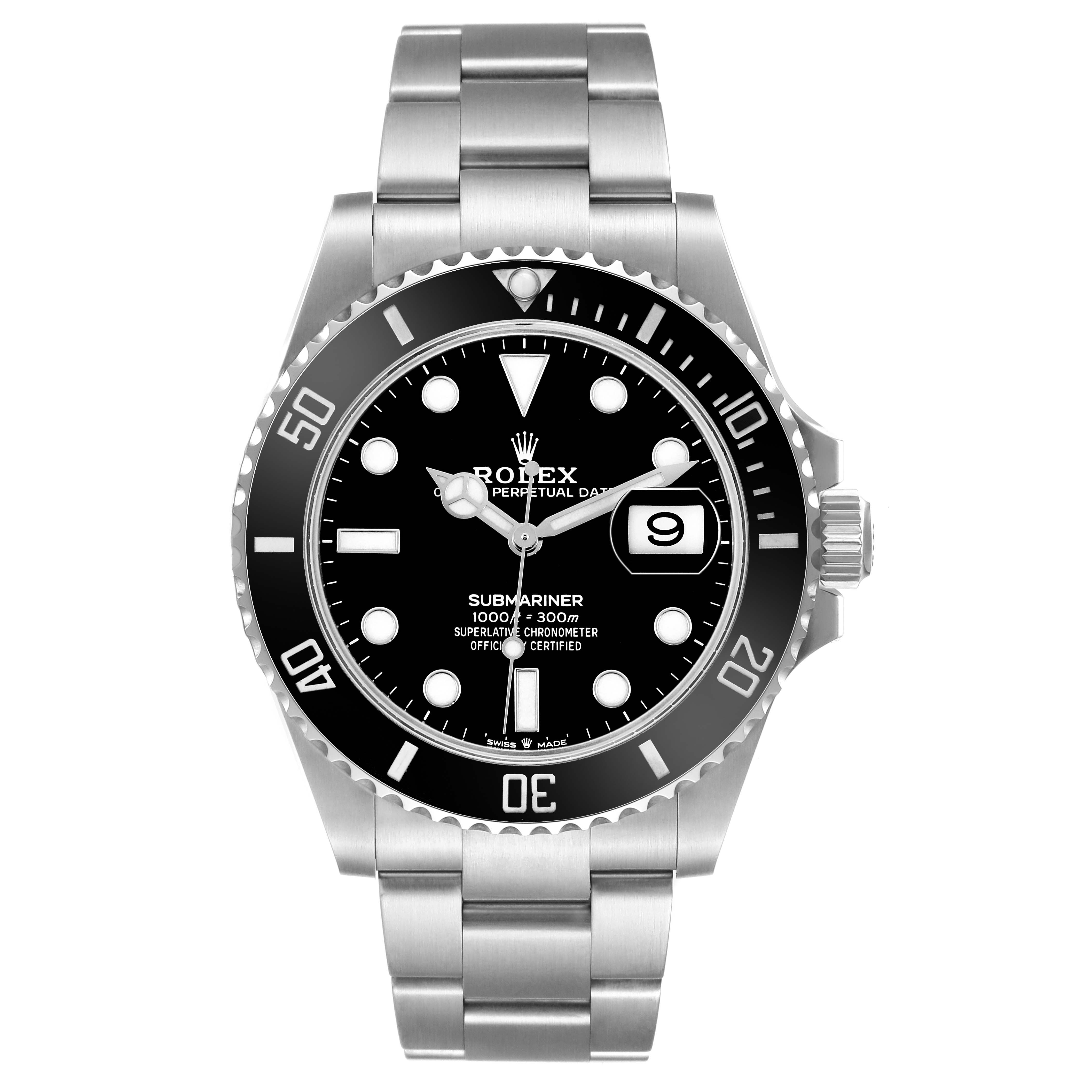 The Rolex Submariner 126610LN Men's Stainless Steel Black Dial watch is shown from a straight-on angle, displaying its black dial, bezel, date function, and stainless steel bracelet.