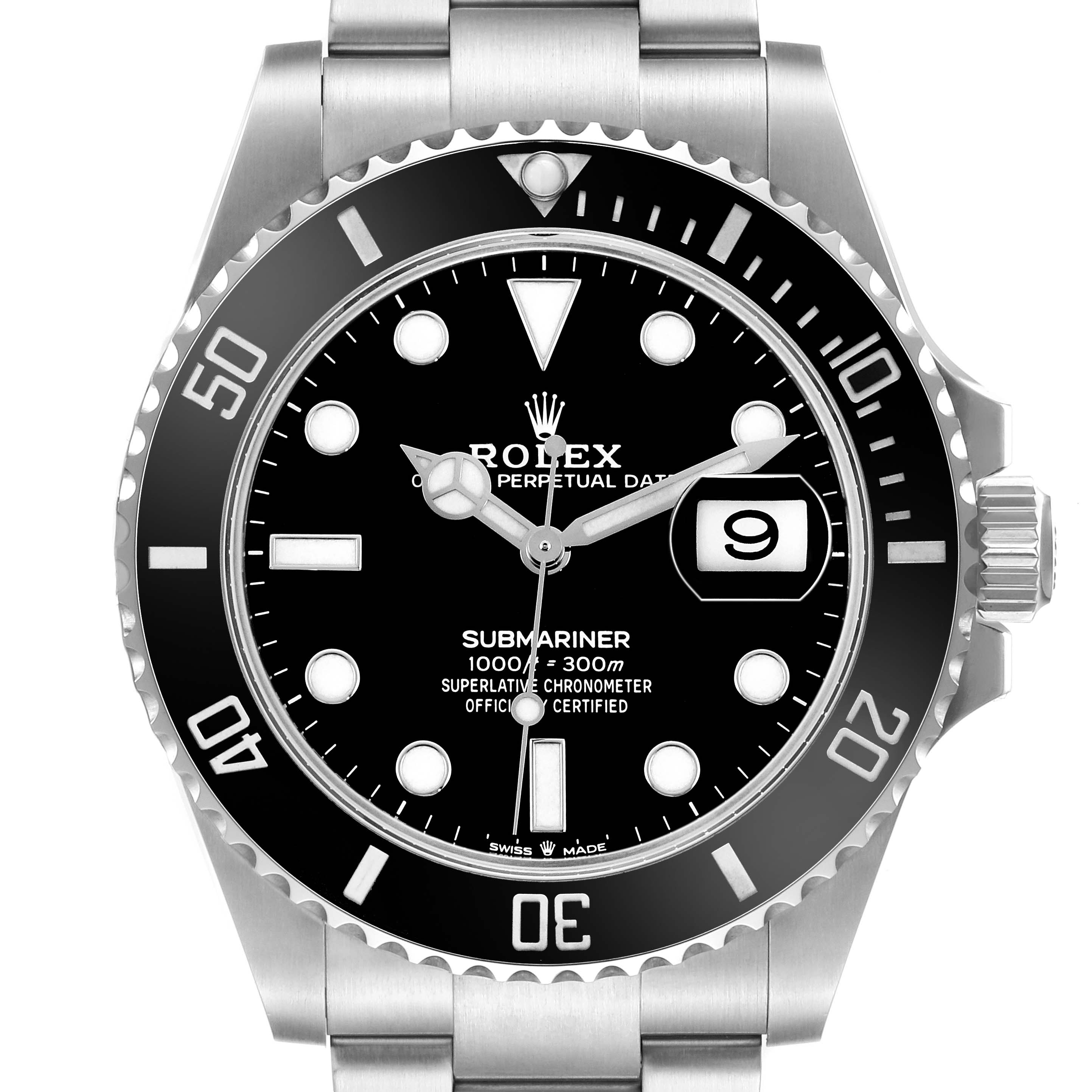 The Rolex Submariner 126610LN Men's Stainless Steel Black Dial is shown from a front angle, displaying its bezel, dial, date window, and part of the bracelet.