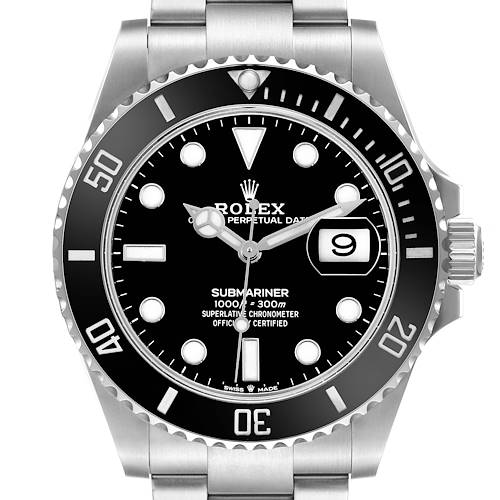 The Rolex Submariner 126610LN Men's Stainless Steel Black Dial watch is shown from a front angle, displaying the dial, bezel, crown, and part of the bracelet.